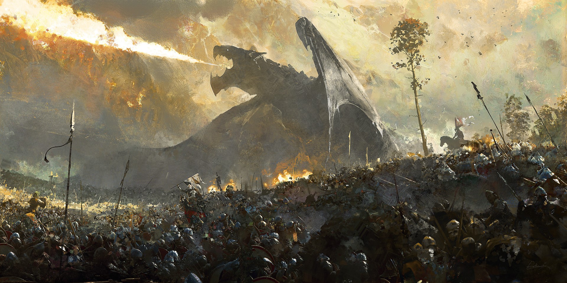 Fantasy battle with a dragon and soldiers HD Wallpaper