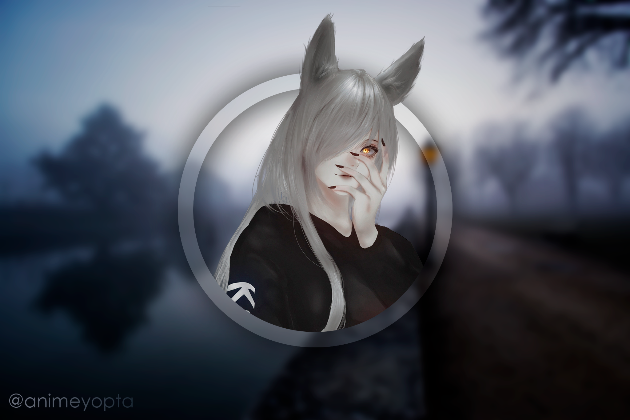 Anime girl with fox ears in a circle HD Wallpaper