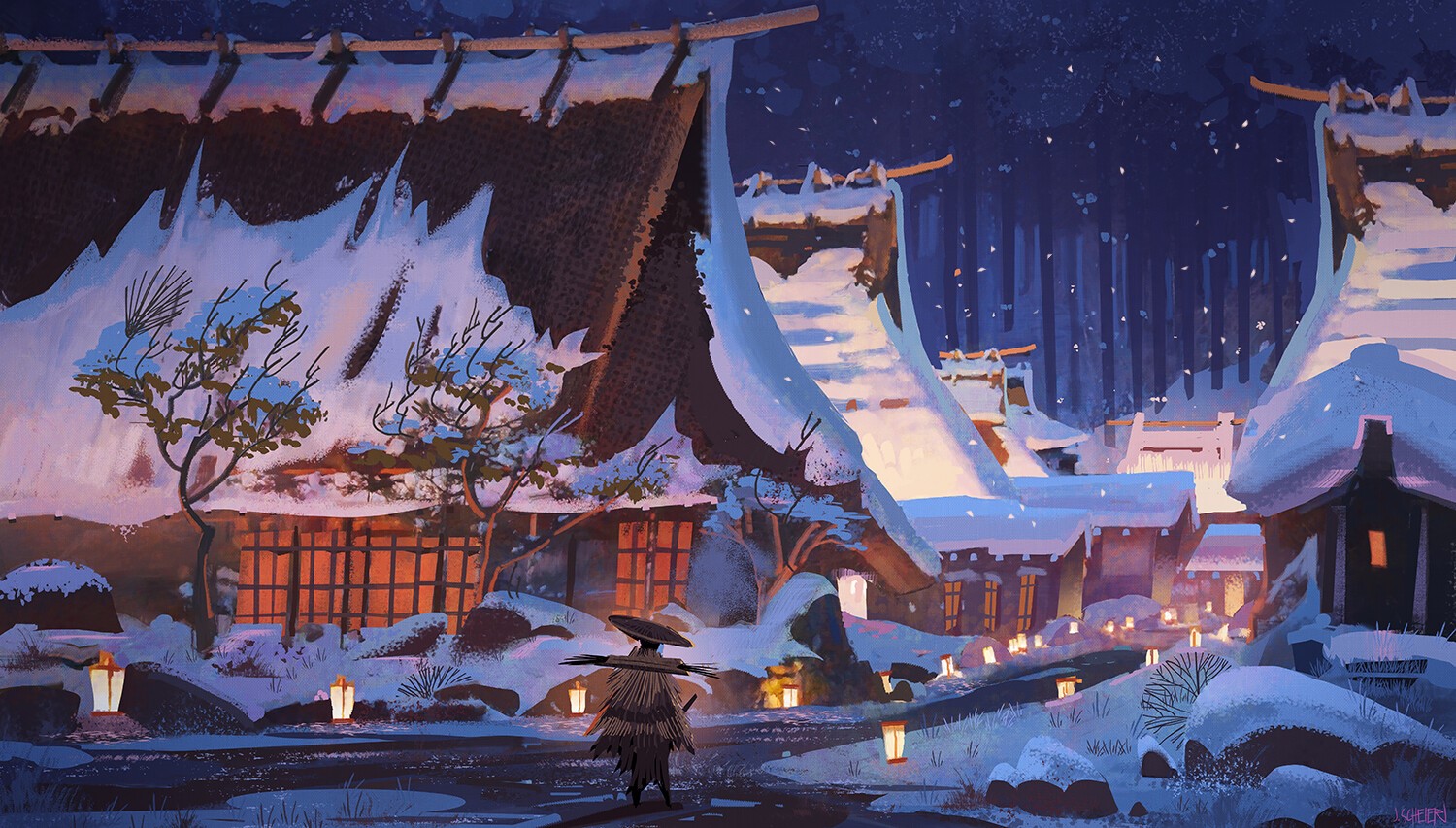 Snowy village with a lone traveler at dusk HD Wallpaper