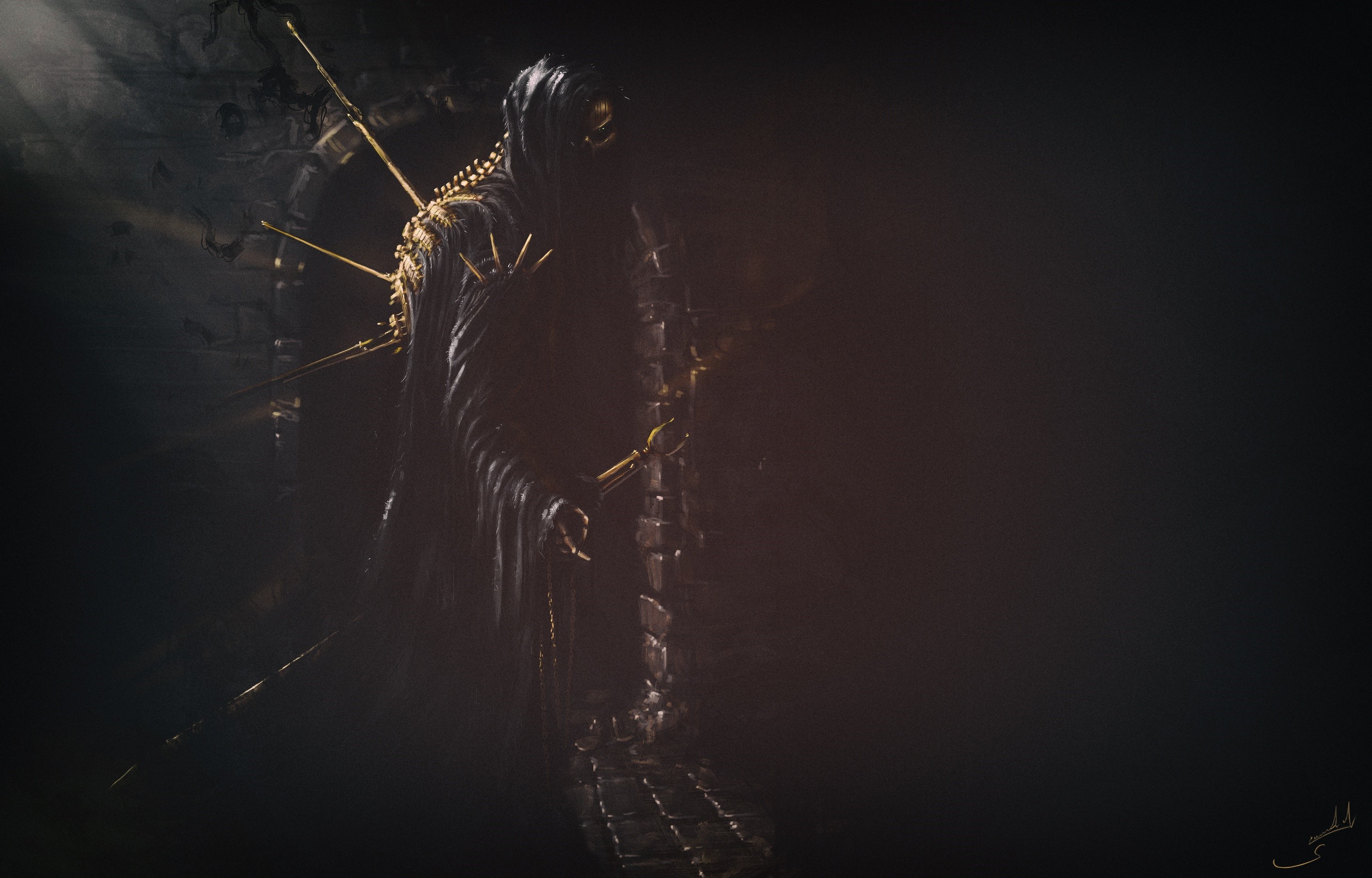 Dark fantasy artwork of a hooded figure with spikes HD Wallpaper
