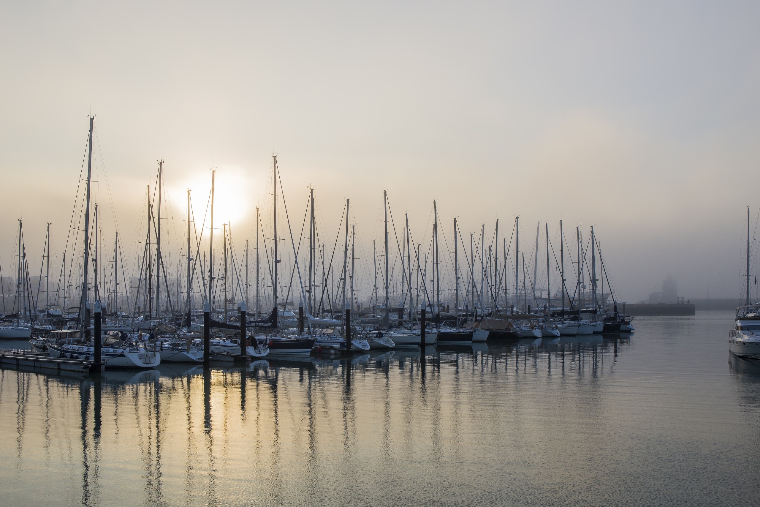 Sailboats docked in a foggy harbor at sunrise HD Wallpaper