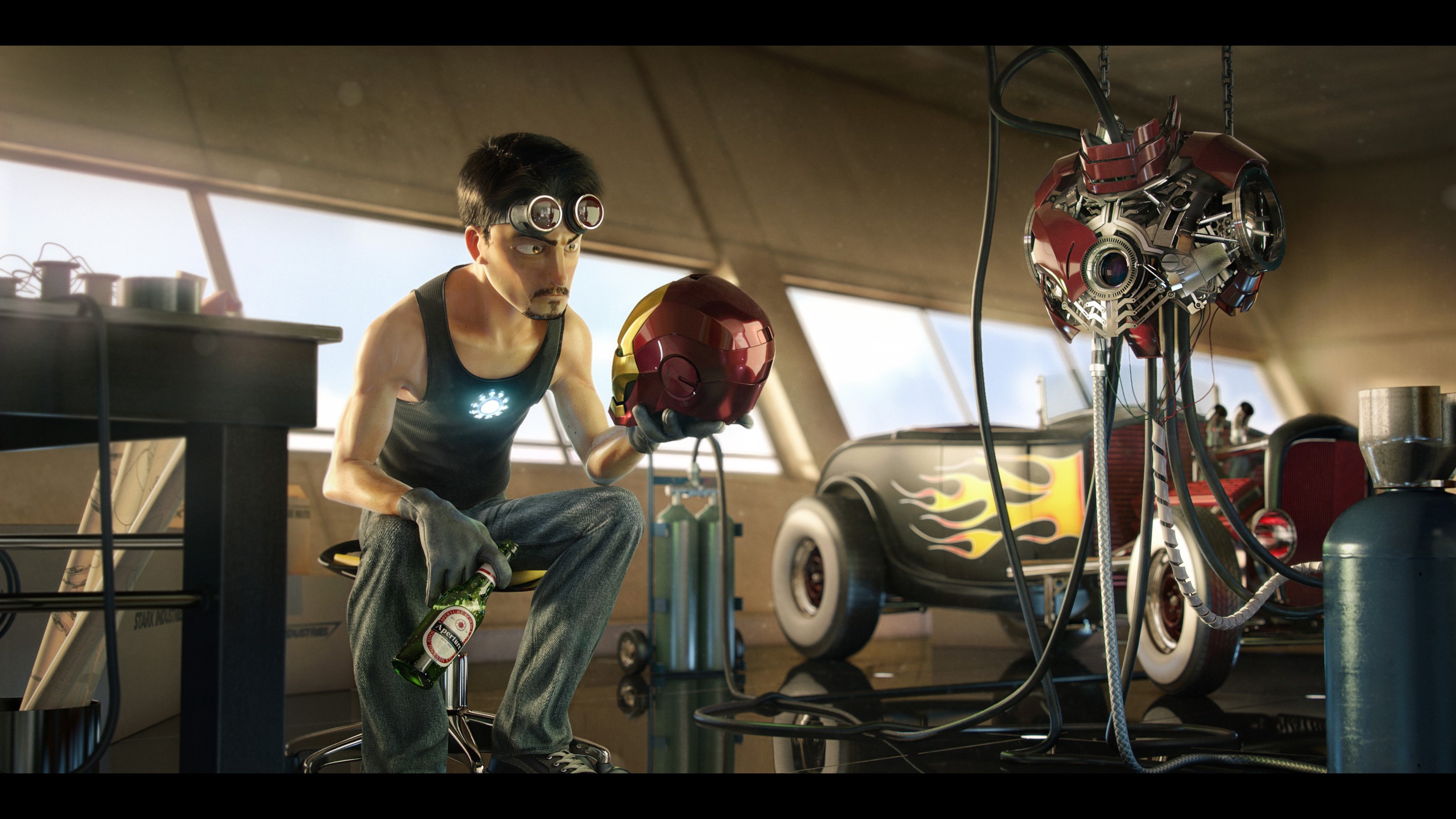 Tony Stark from Iron Man holding a helmet in a workshop HD Wallpaper