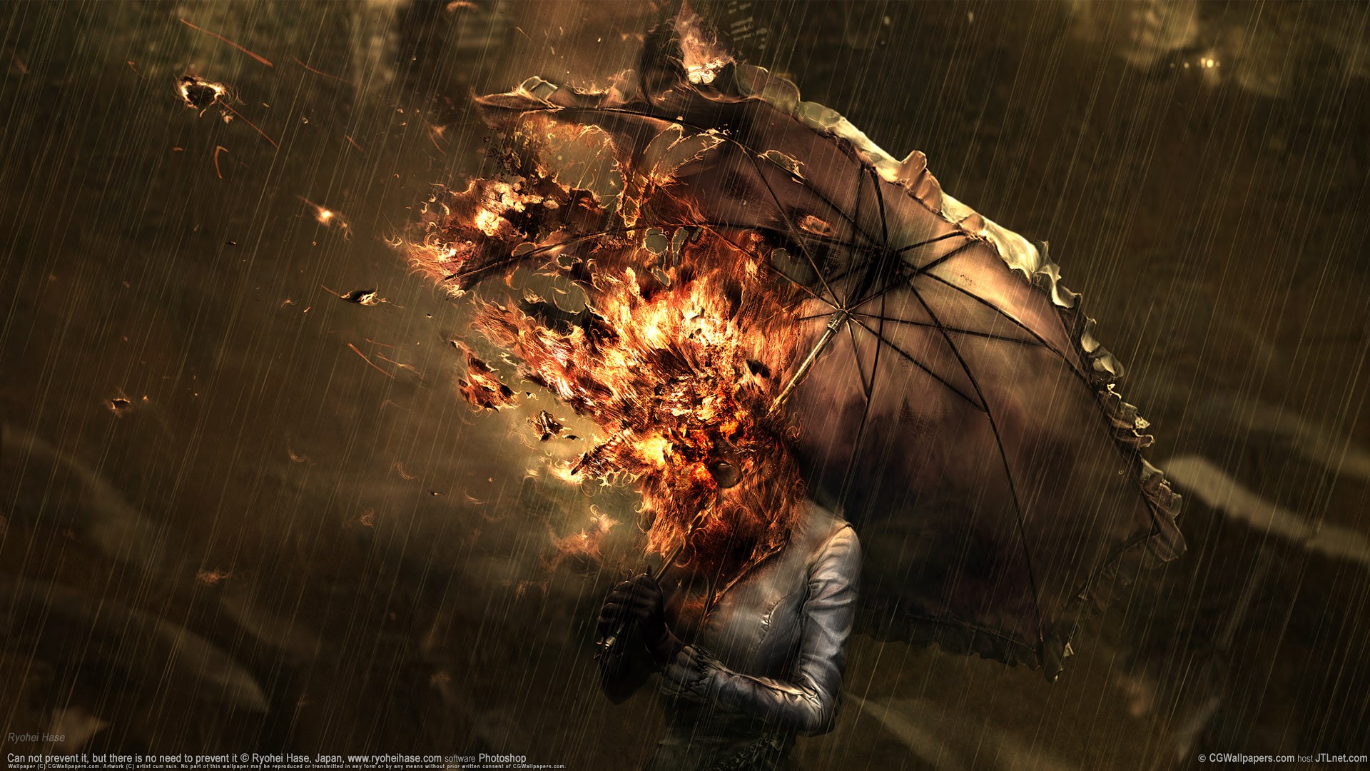 Person with burning head under umbrella in rain HD Wallpaper