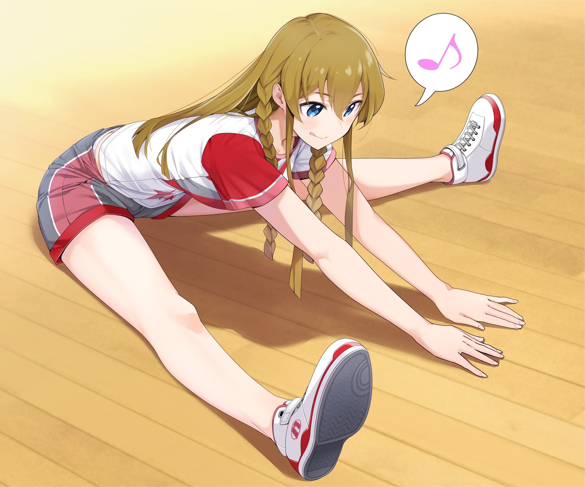 Anime girl with braids stretching on a wooden floor HD Wallpaper
