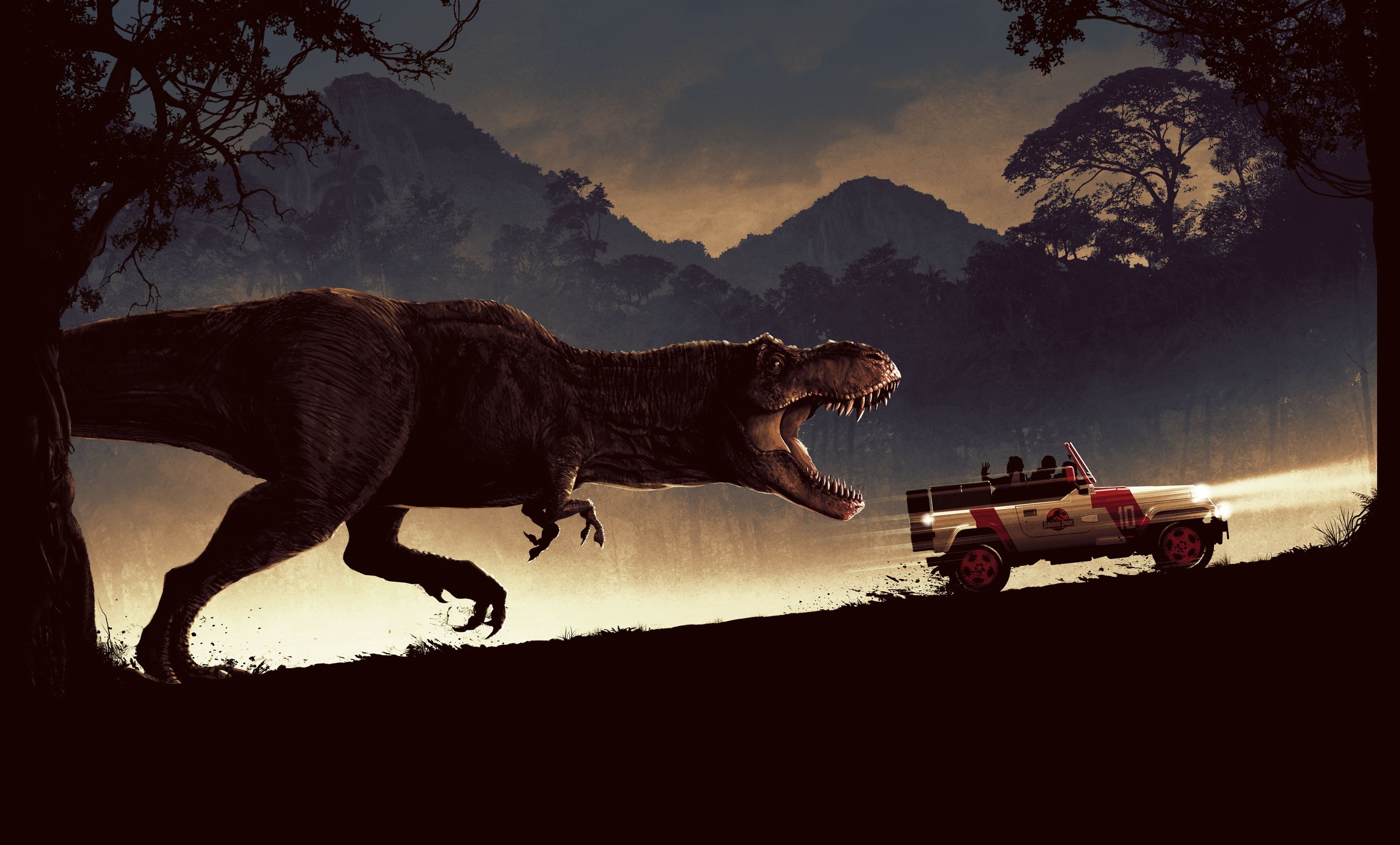 Tyrannosaurus Rex chasing a Jeep from Jurassic Park HD Wallpaper