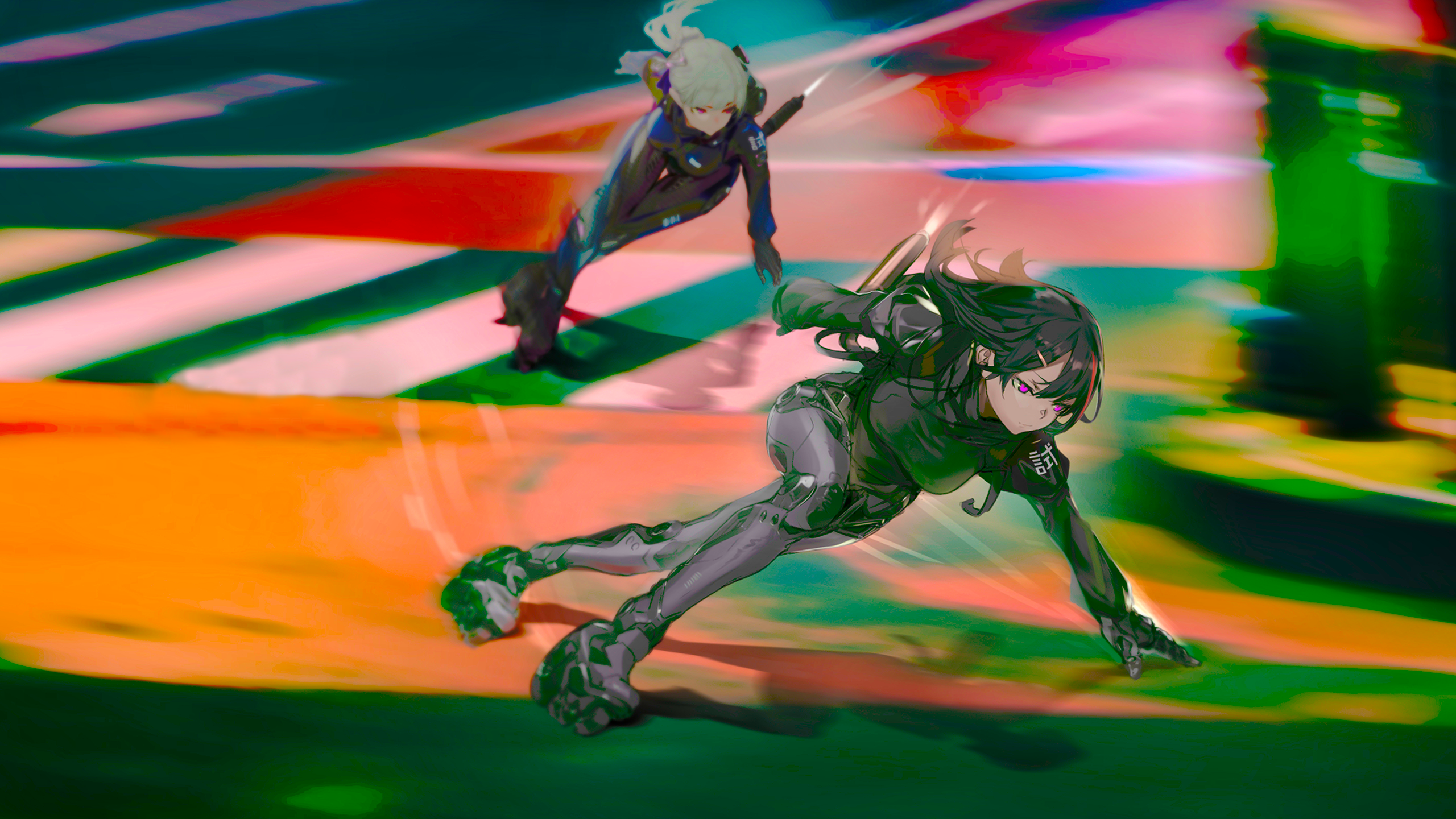 Anime girls in futuristic combat suits running HD Wallpaper