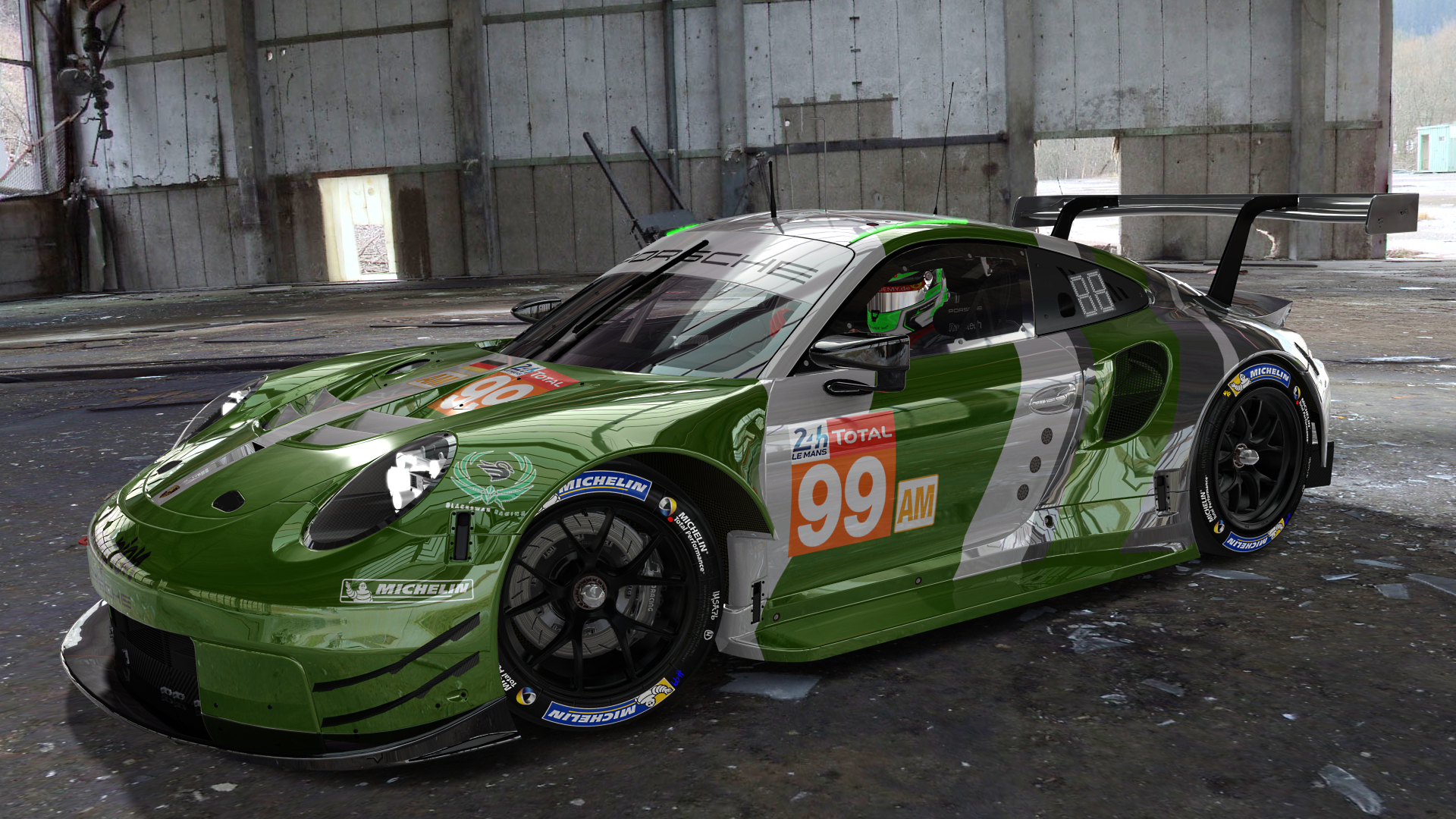 Porsche 911 RSR race car in a garage HD Wallpaper