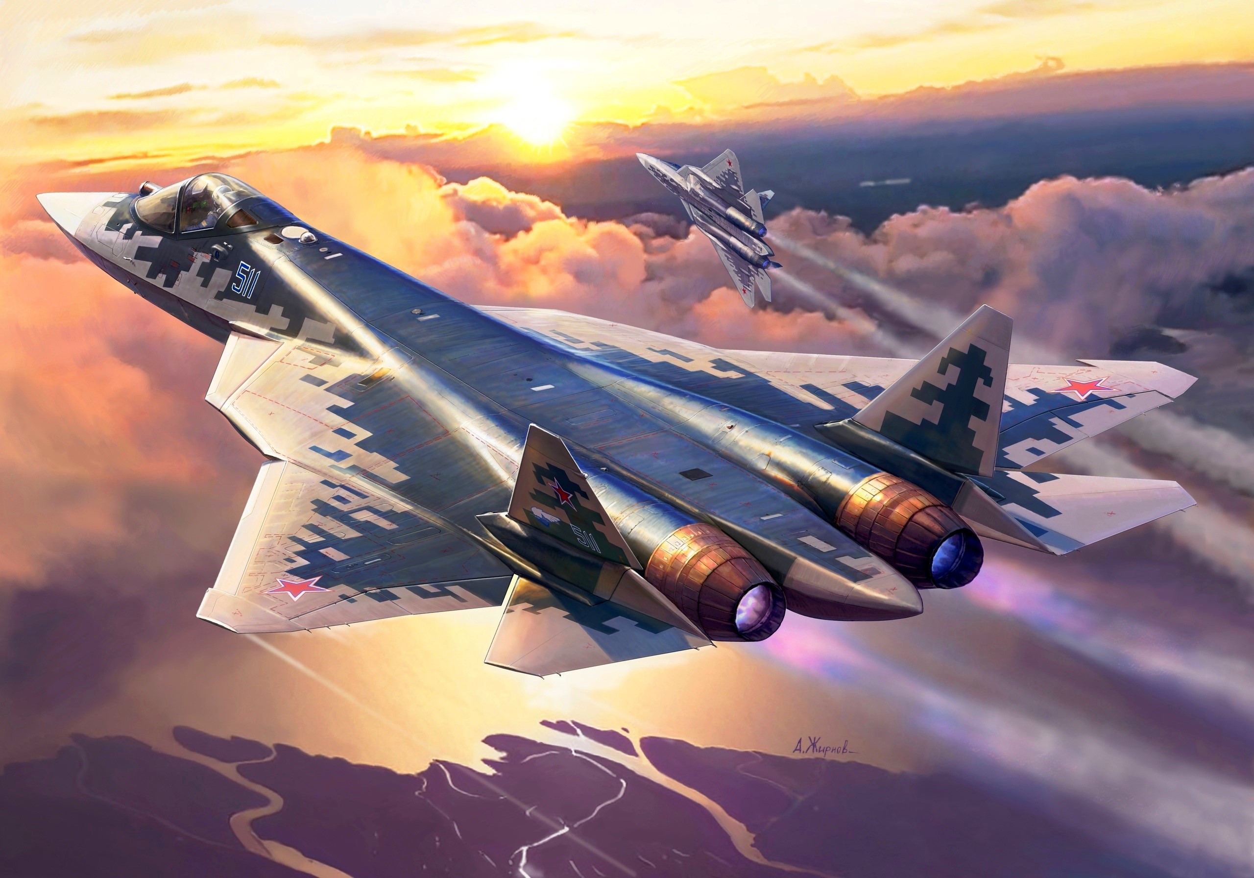 Sukhoi Su-57 fighter jets flying at sunset HD Wallpaper