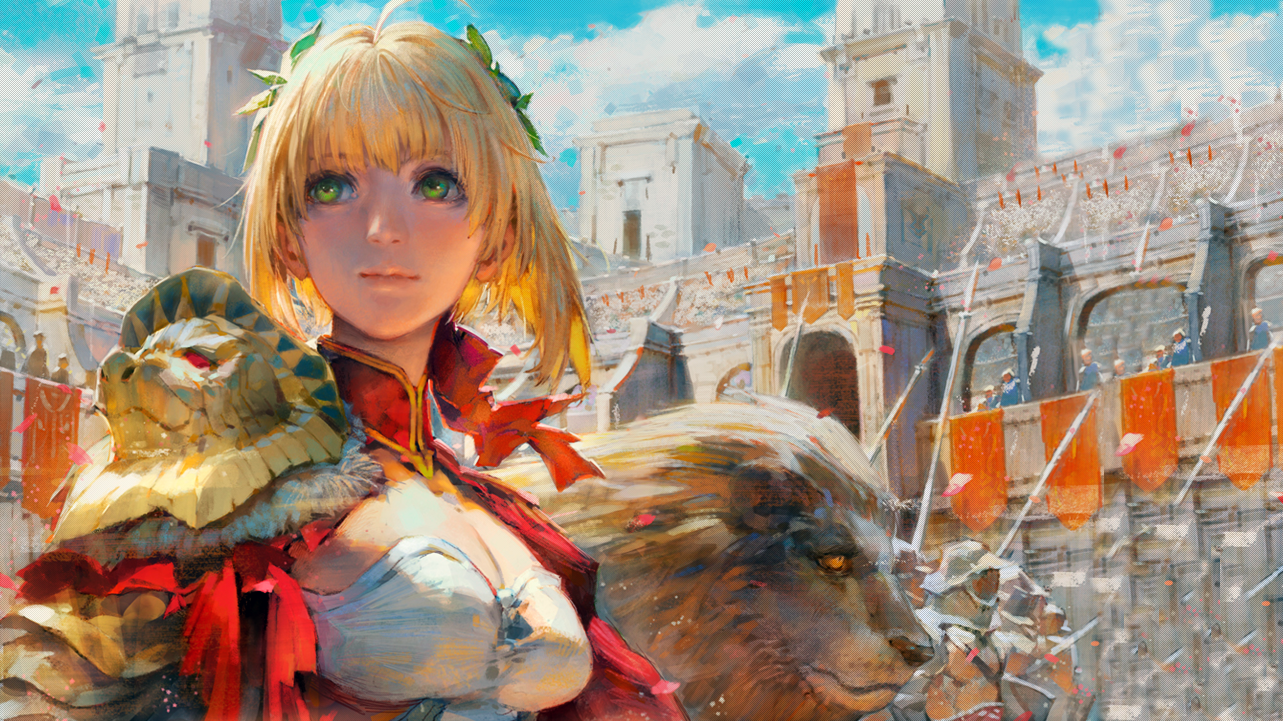 Saber from Fate Series with a lion companion in a fantasy city HD Wallpaper