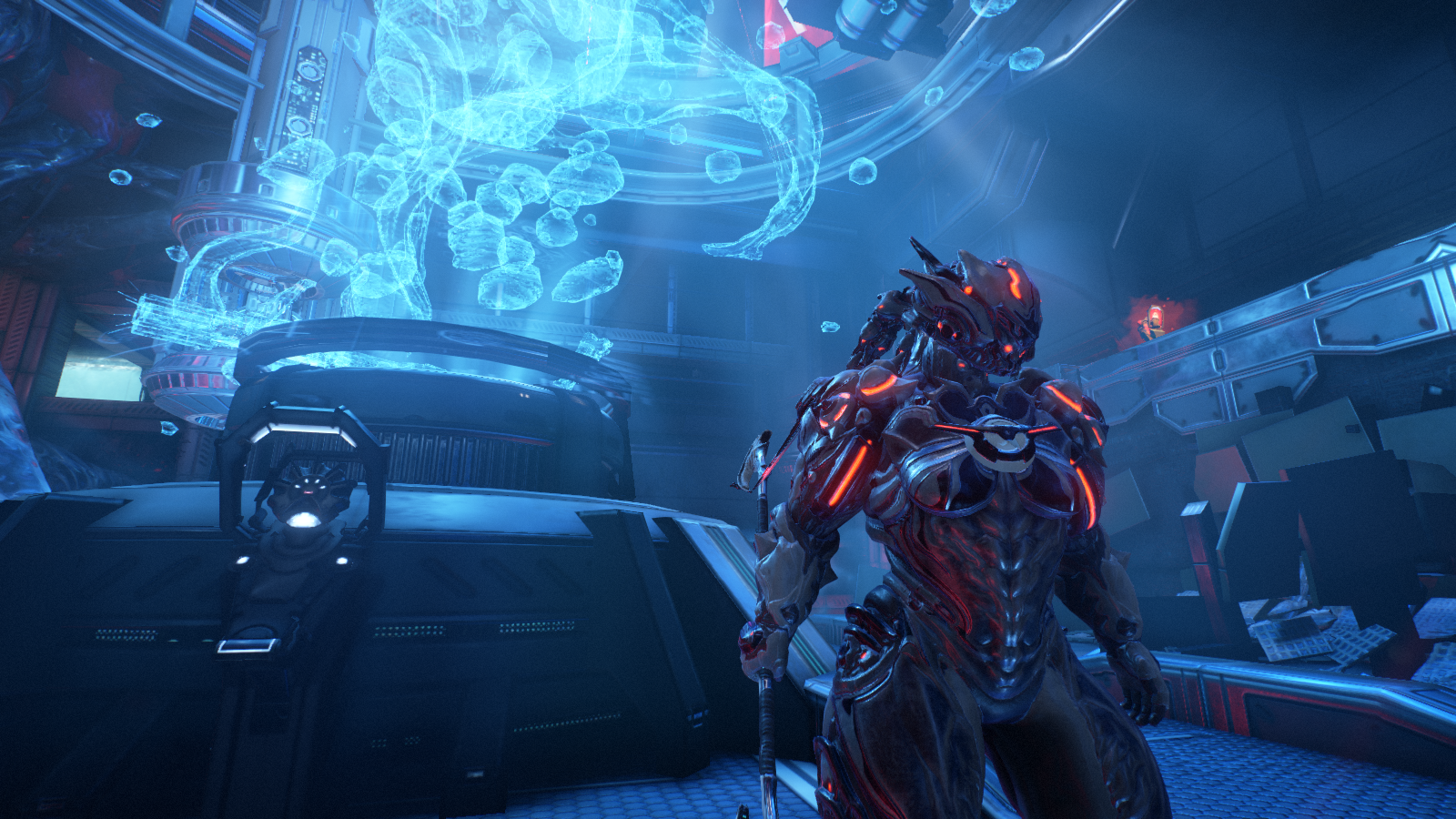 Hildryn from Warframe in a futuristic laboratory HD Wallpaper