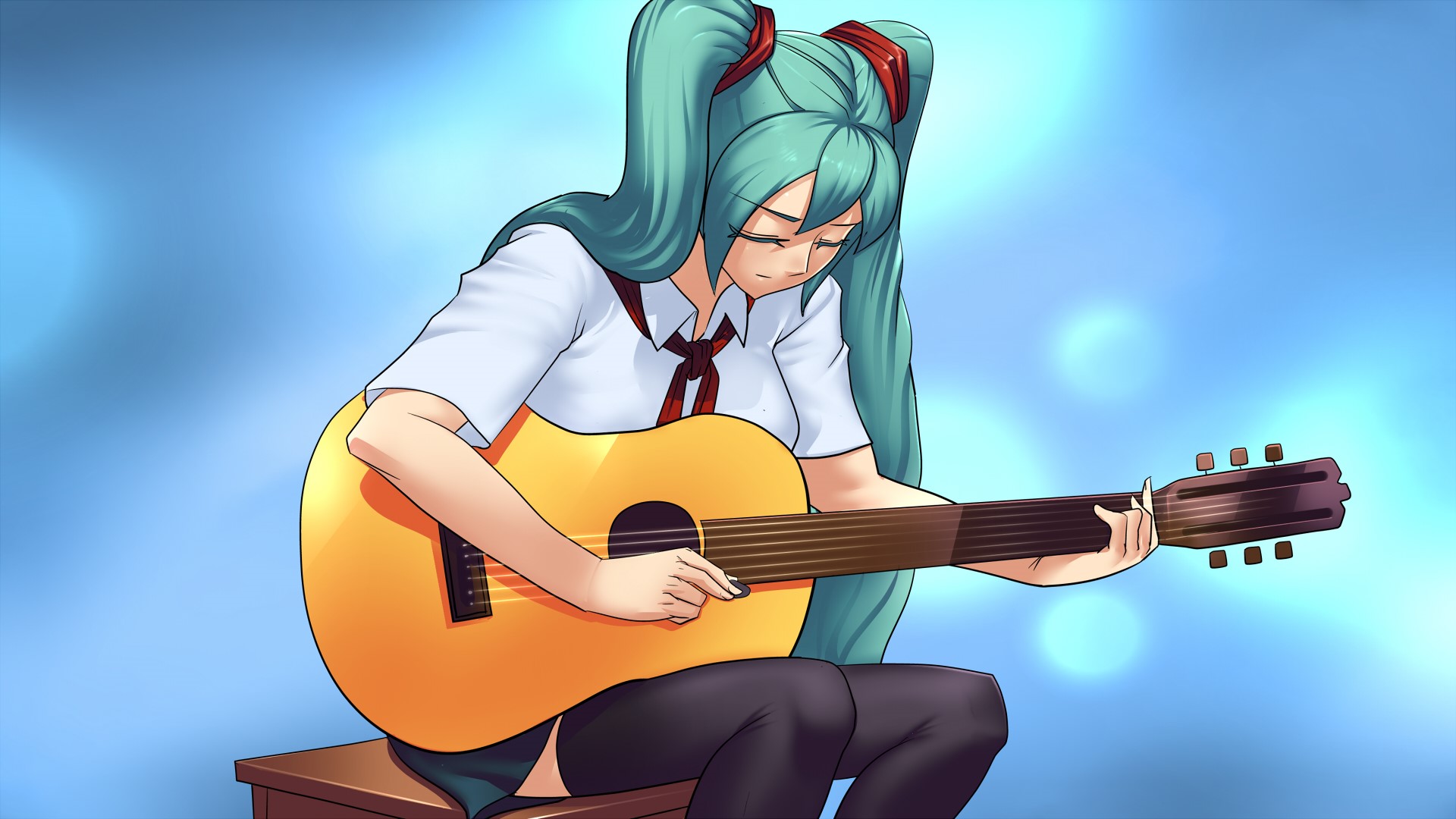 Hatsune Miku playing guitar from Soviet Games HD Wallpaper