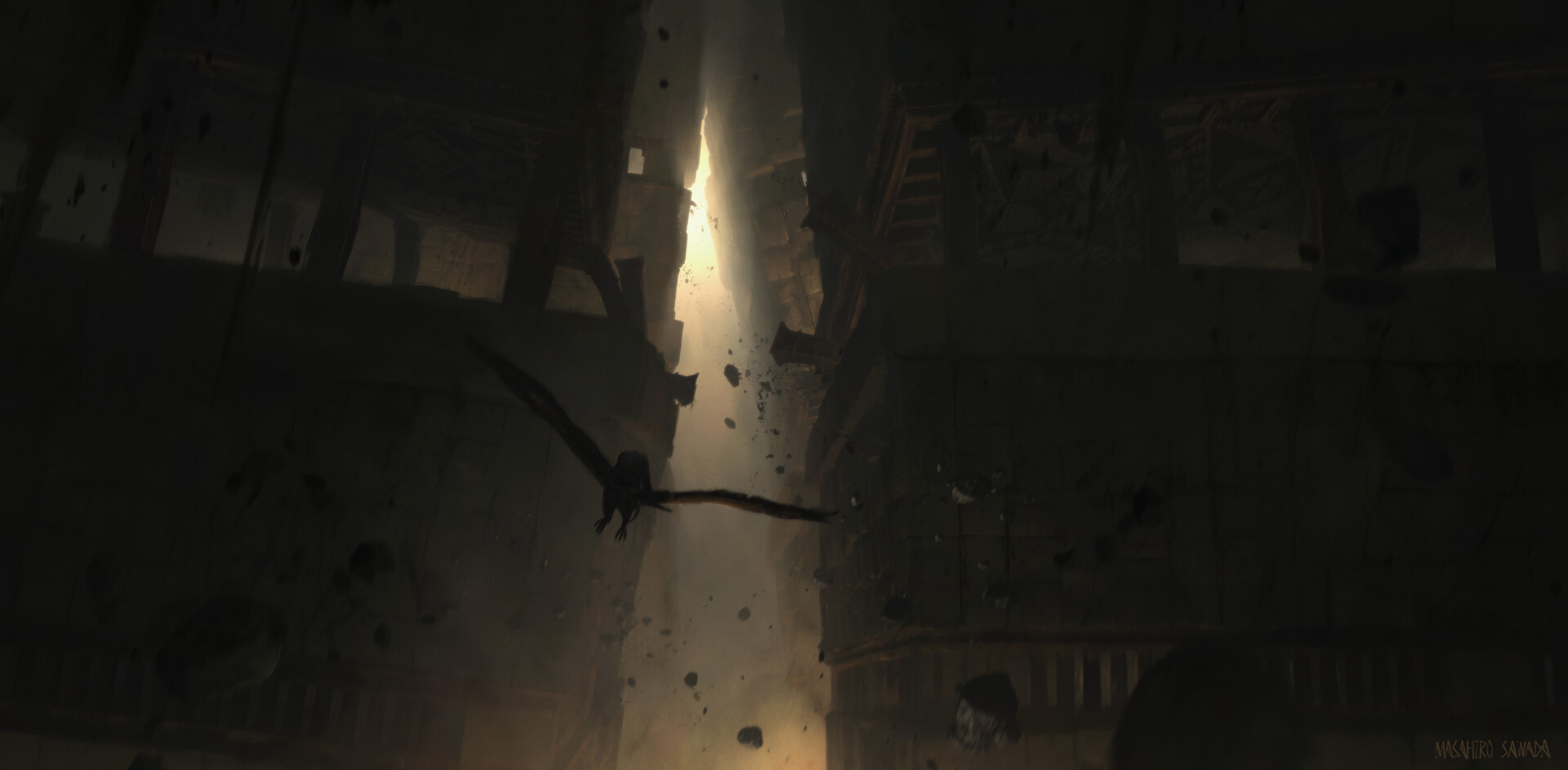Fantasy art of a bird flying through a ruined dungeon HD Wallpaper