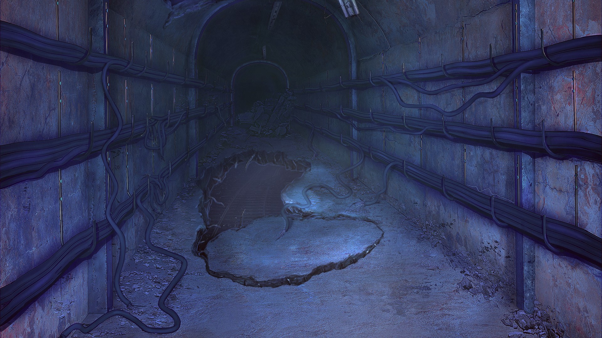 Dungeon tunnel with cables and a hole in the floor HD Wallpaper