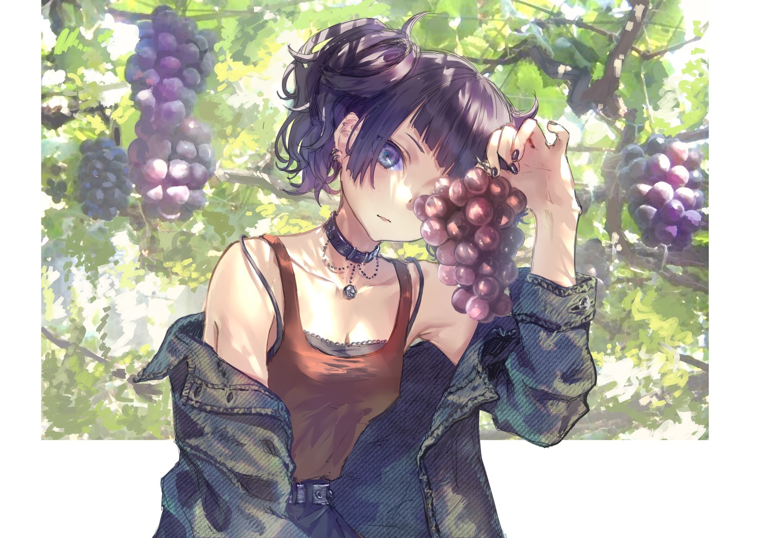 Anime girl with dark hair holding grapes HD Wallpaper