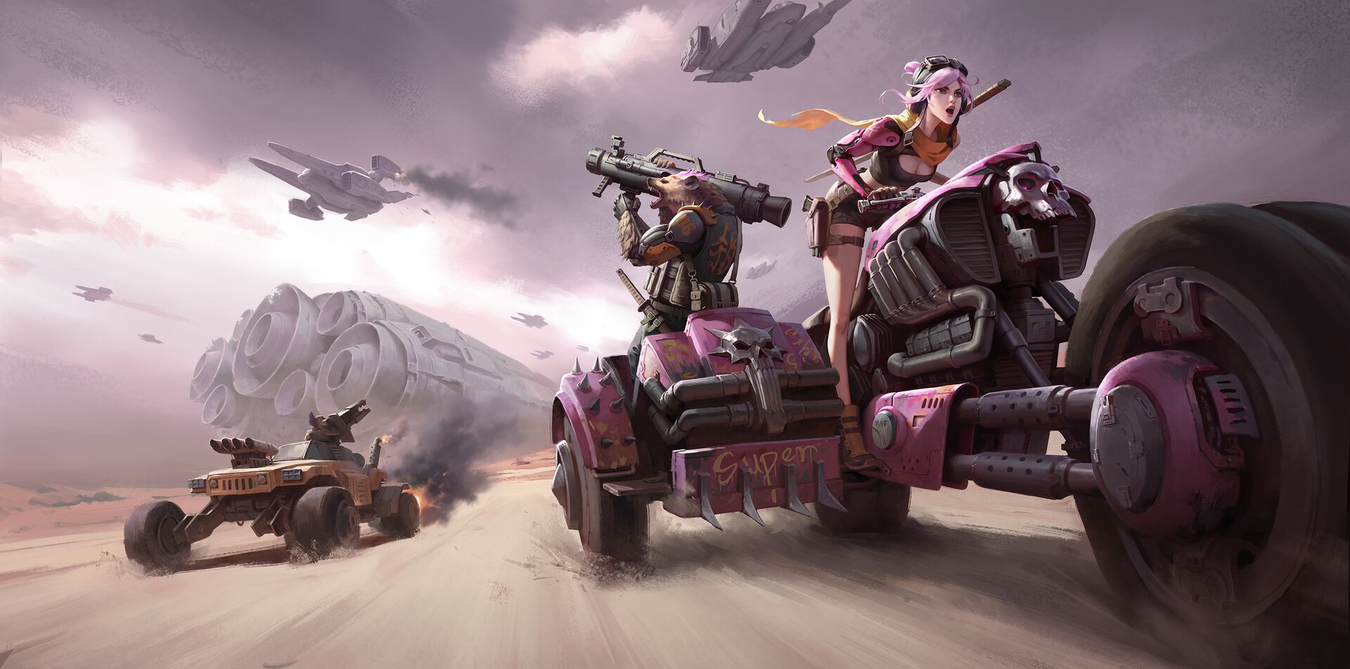 Sci-fi wasteland battle with bikes and spaceships HD Wallpaper