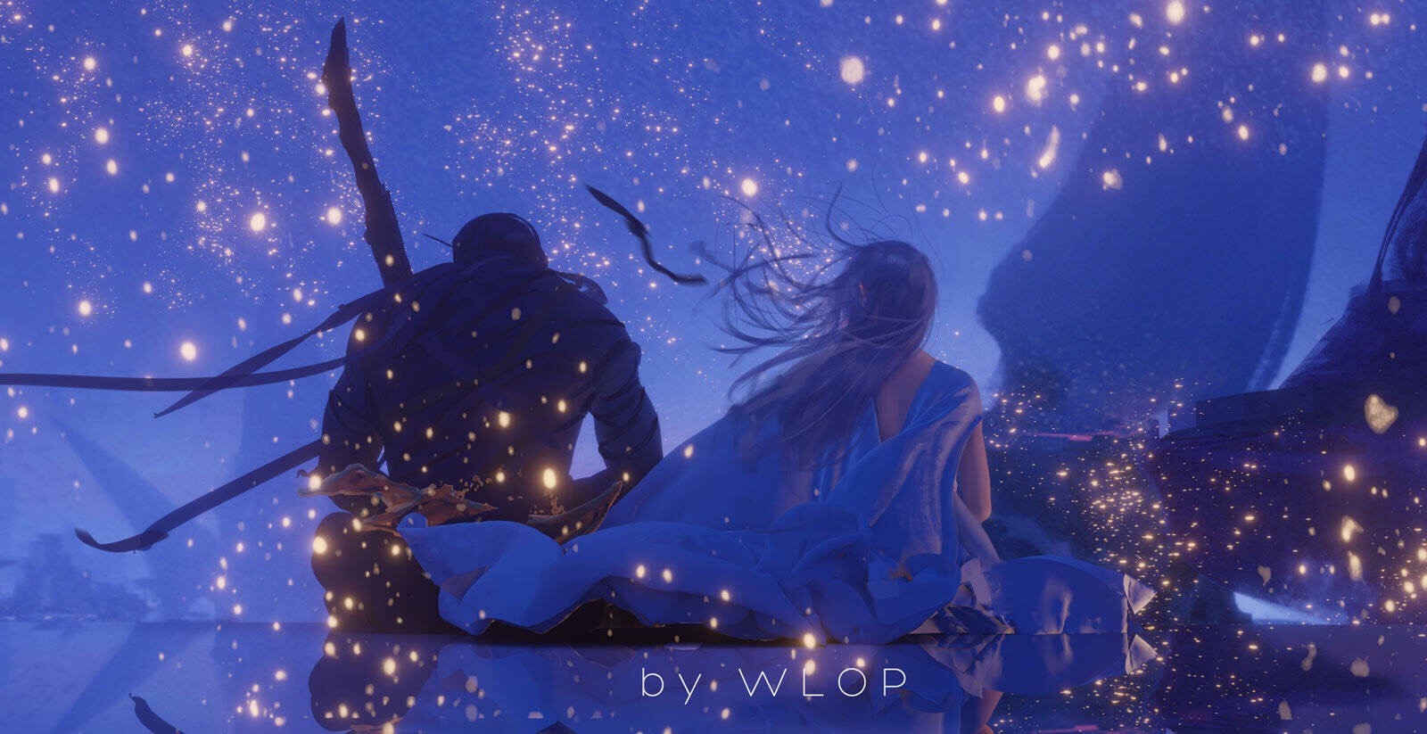 Two figures sitting under a starry sky HD Wallpaper