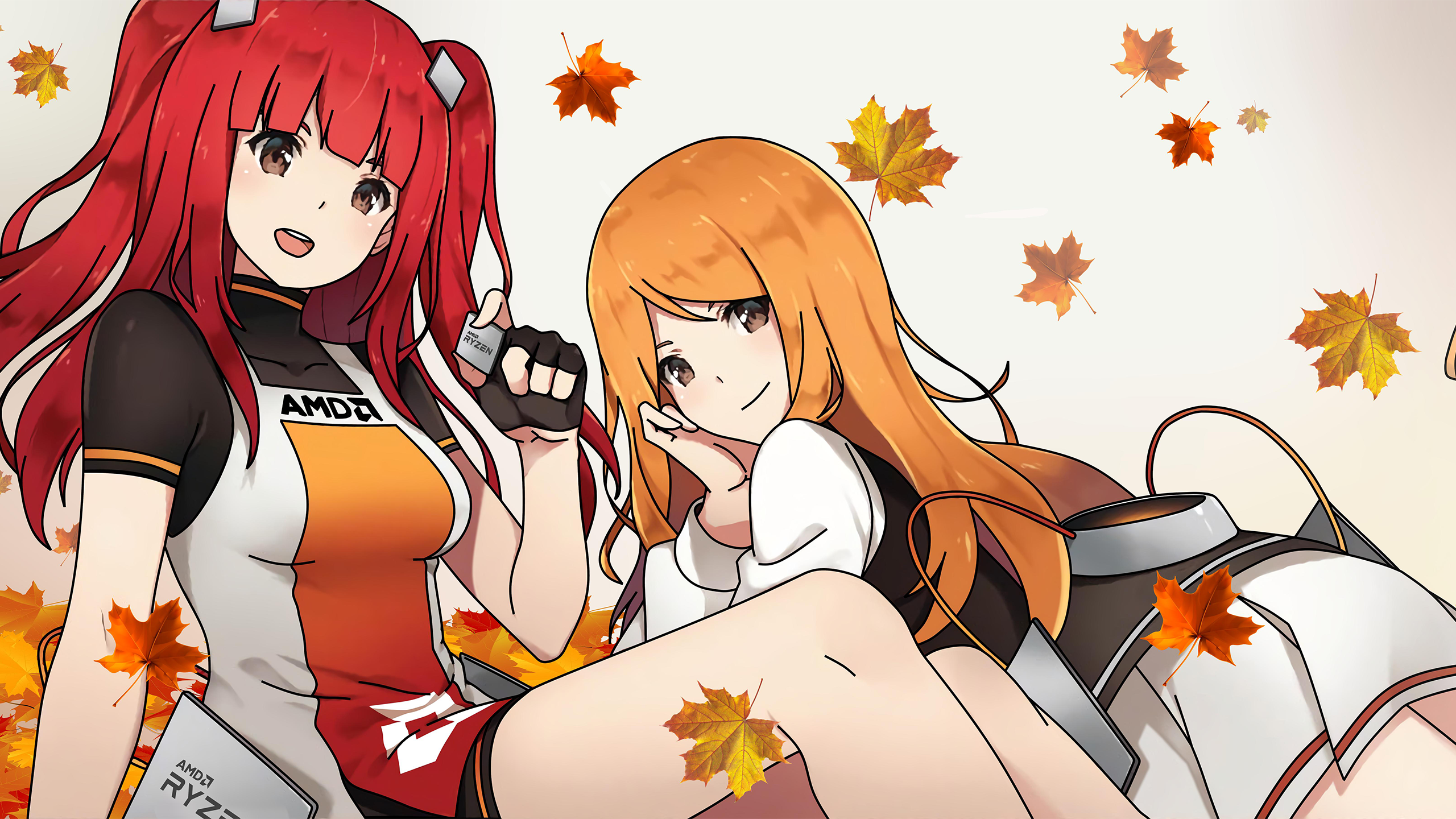 AMD-chan and Ryfa with RYZEN CPUs and autumn leaves HD Wallpaper