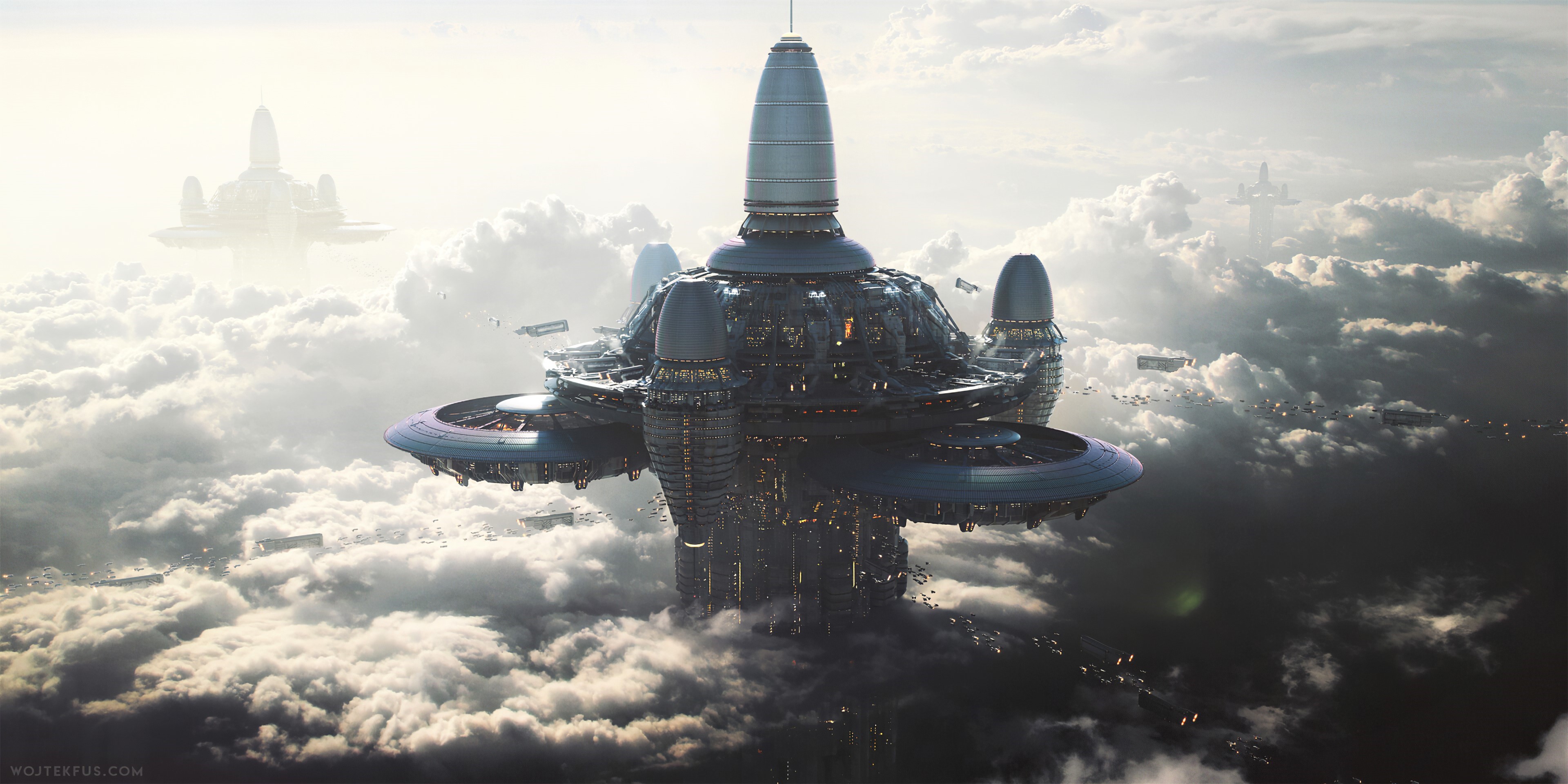 Futuristic cloud city with airships HD Wallpaper