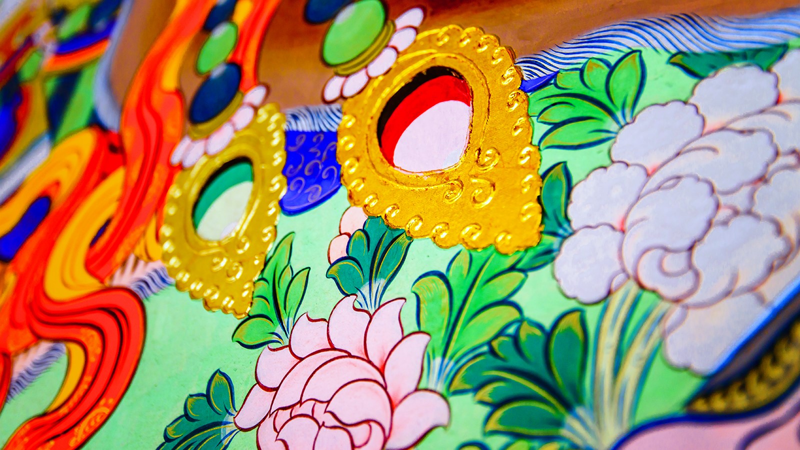 Tibetan mural with floral and decorative elements HD Wallpaper