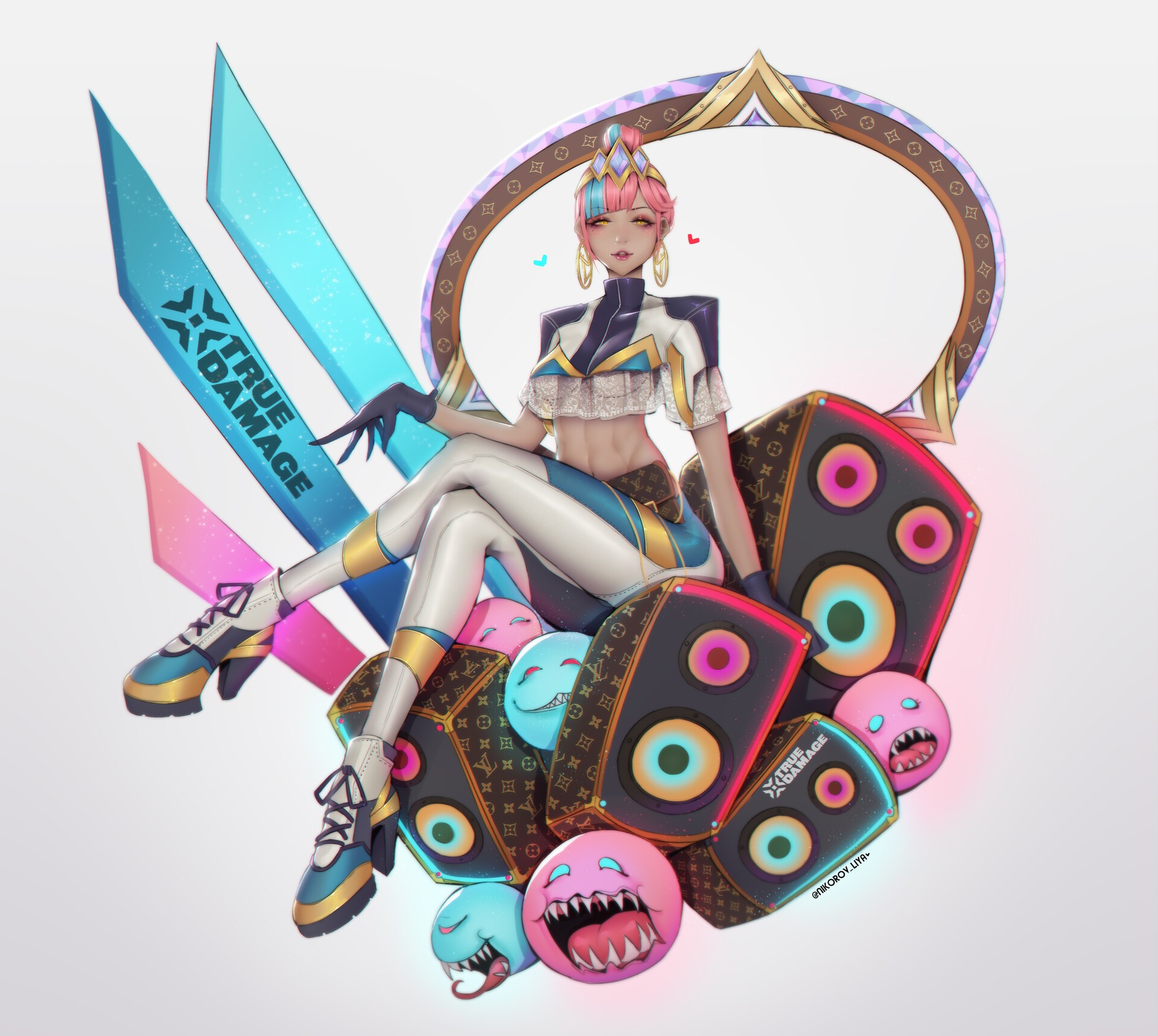 Qiyana from True Damage with speakers and smiley faces HD Wallpaper