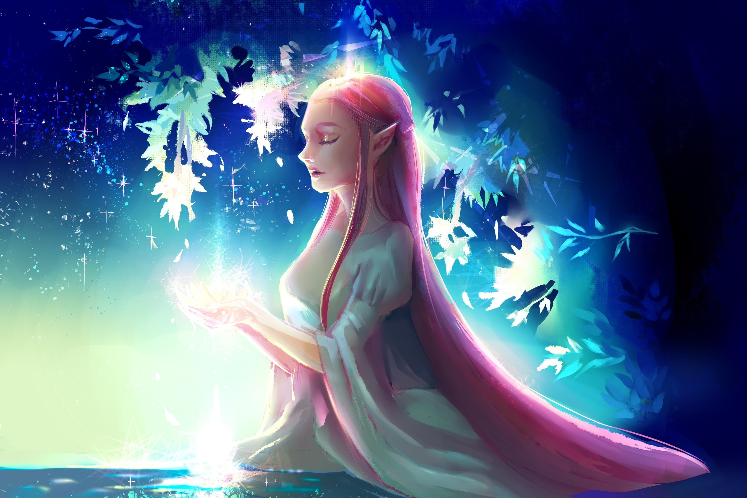 Fantasy girl with pink hair holding glowing light HD Wallpaper