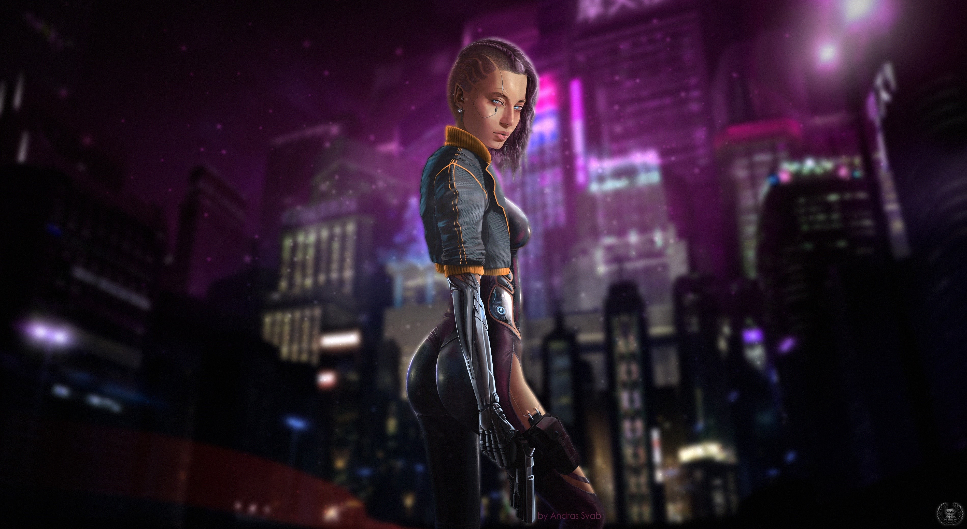 Cyberpunk cyborg woman with mechanical arm in neon city HD Wallpaper