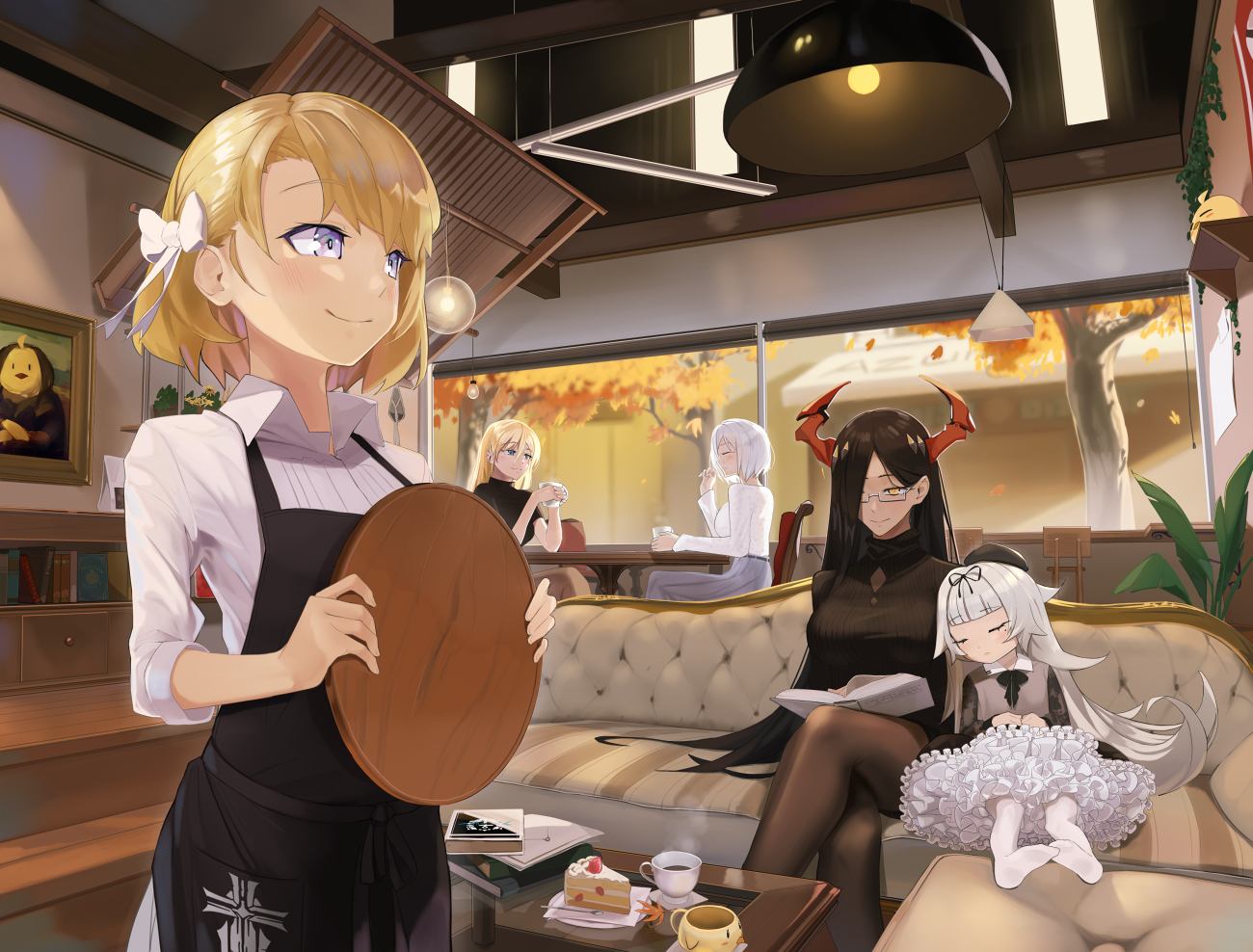 Azur Lane characters in a cafe with autumn scenery HD Wallpaper