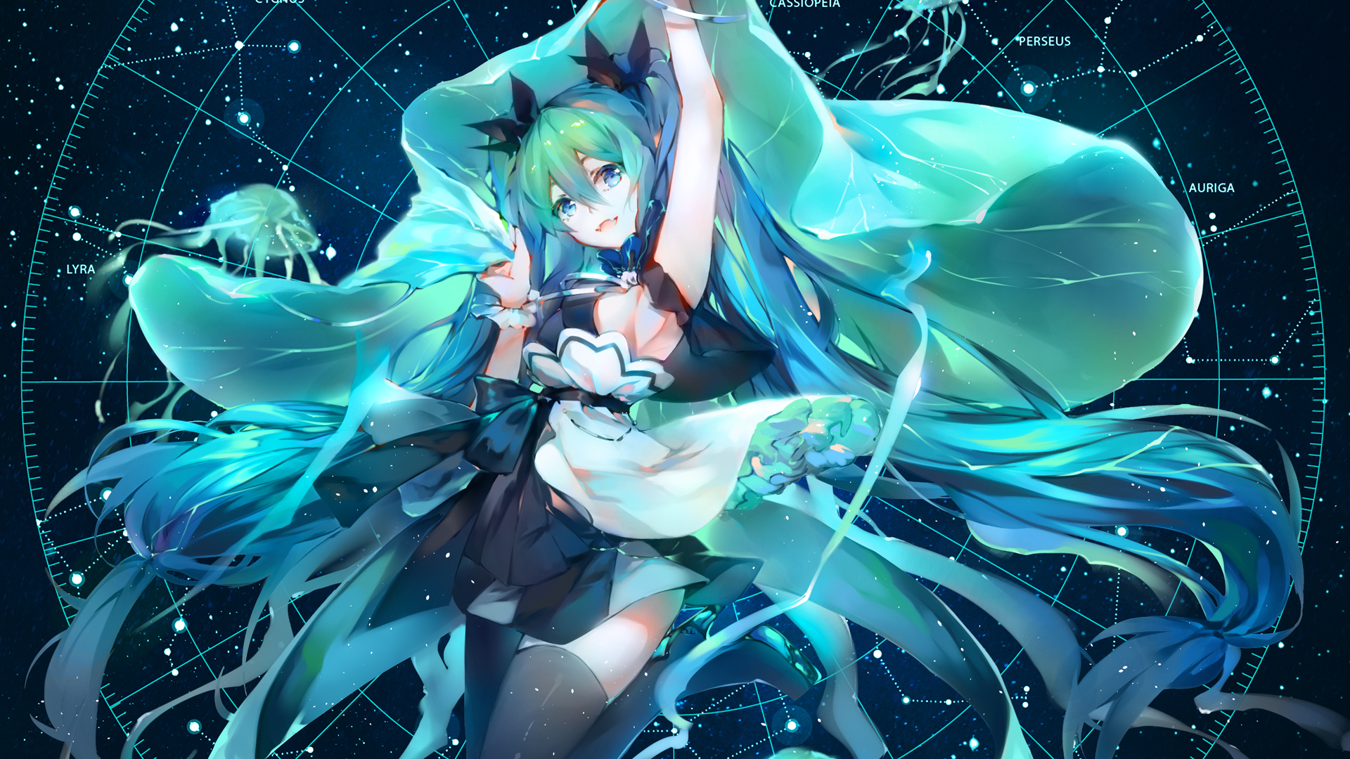 Hatsune Miku from Vocaloid in a starry sky HD Wallpaper