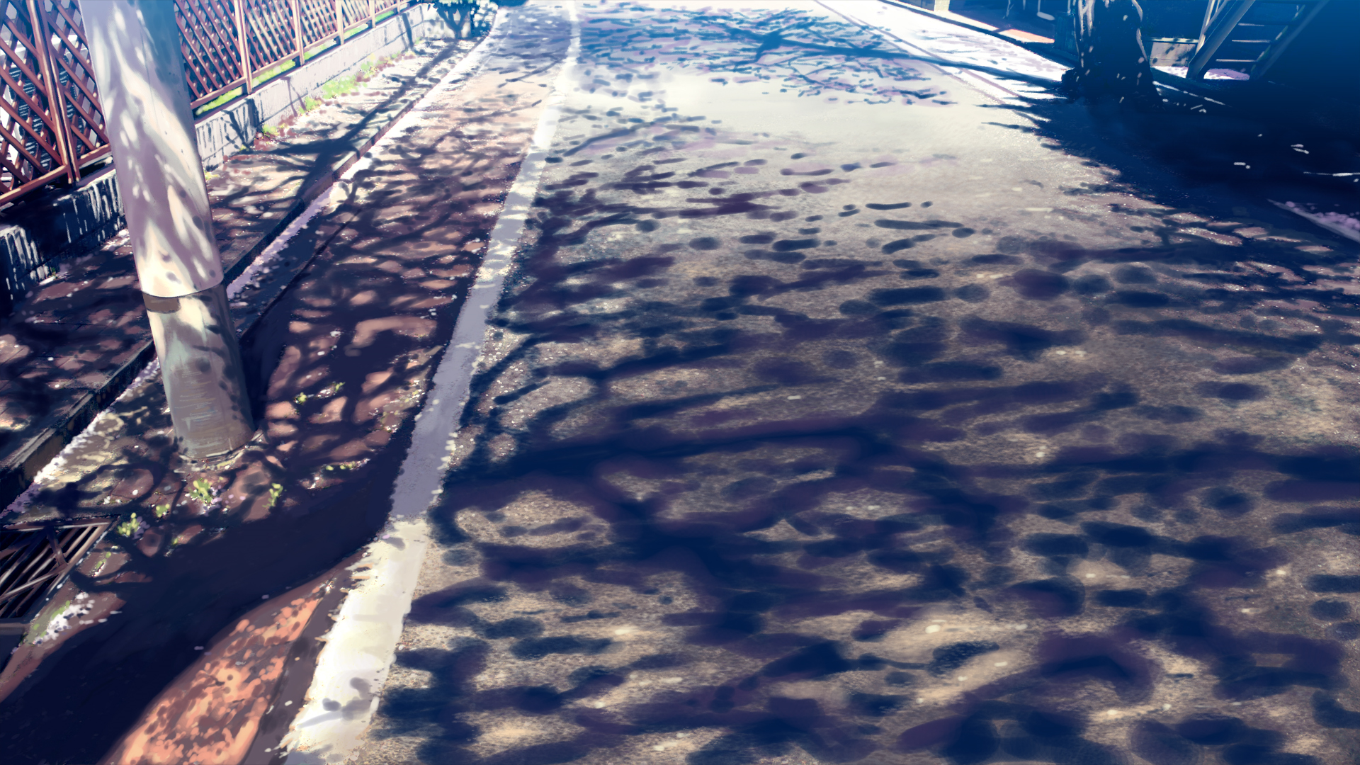 Anime road with tree shadows and a pole HD Wallpaper