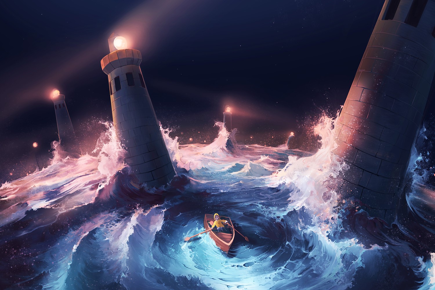 Person in a boat amidst stormy seas and lighthouses HD Wallpaper