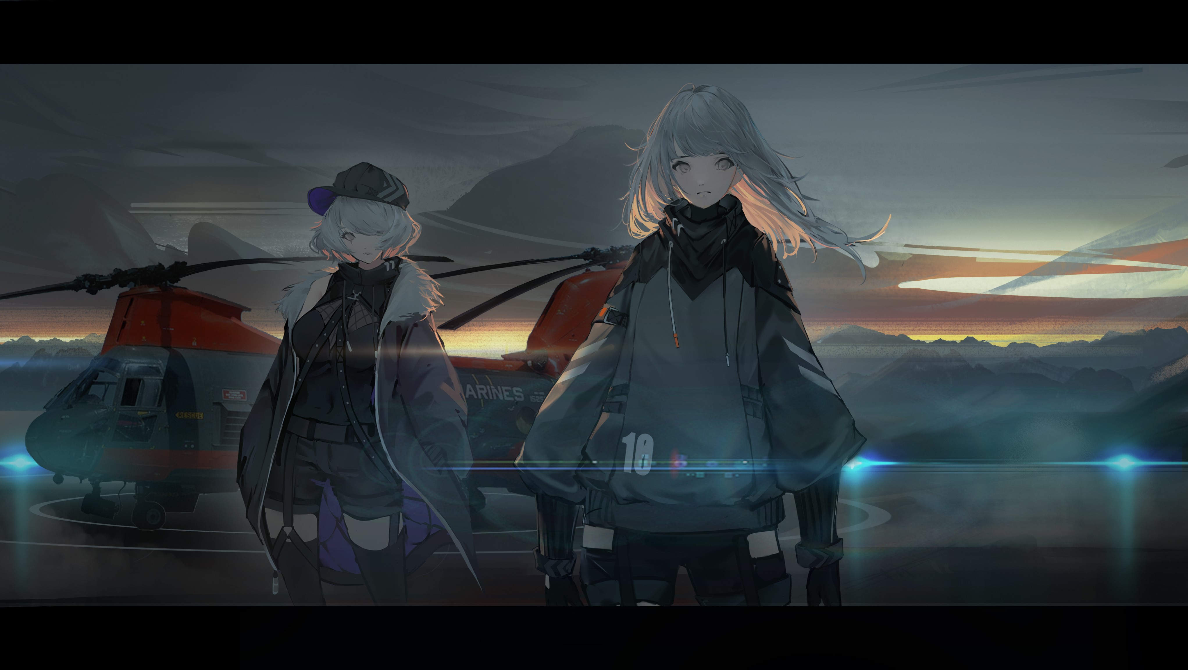 Anime girls with silver hair and helicopter HD Wallpaper