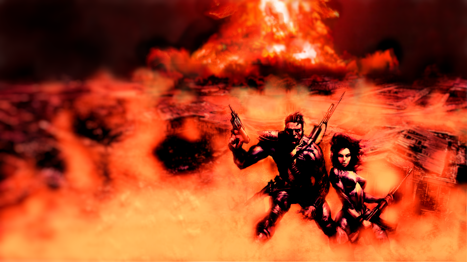 Two characters in a post-apocalyptic landscape with explosion HD Wallpaper