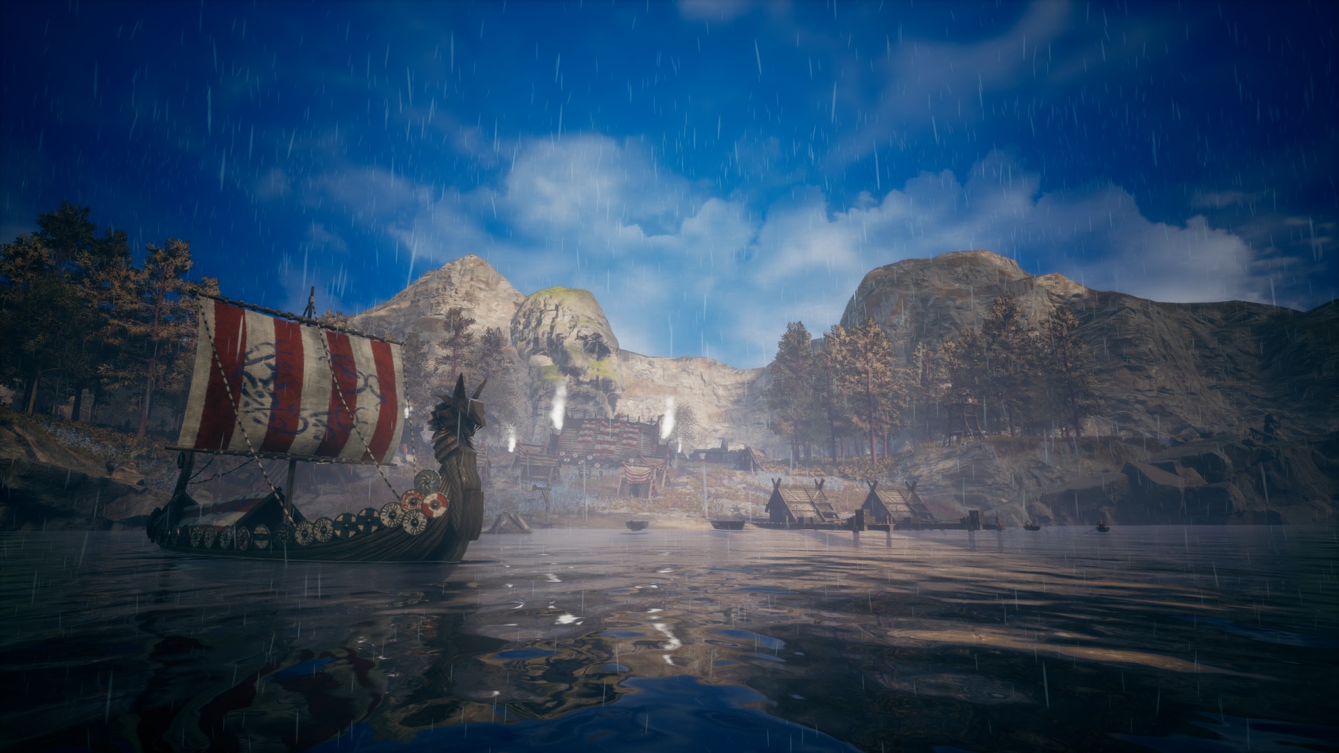 Viking longship sailing near a village in Frozenheim HD Wallpaper