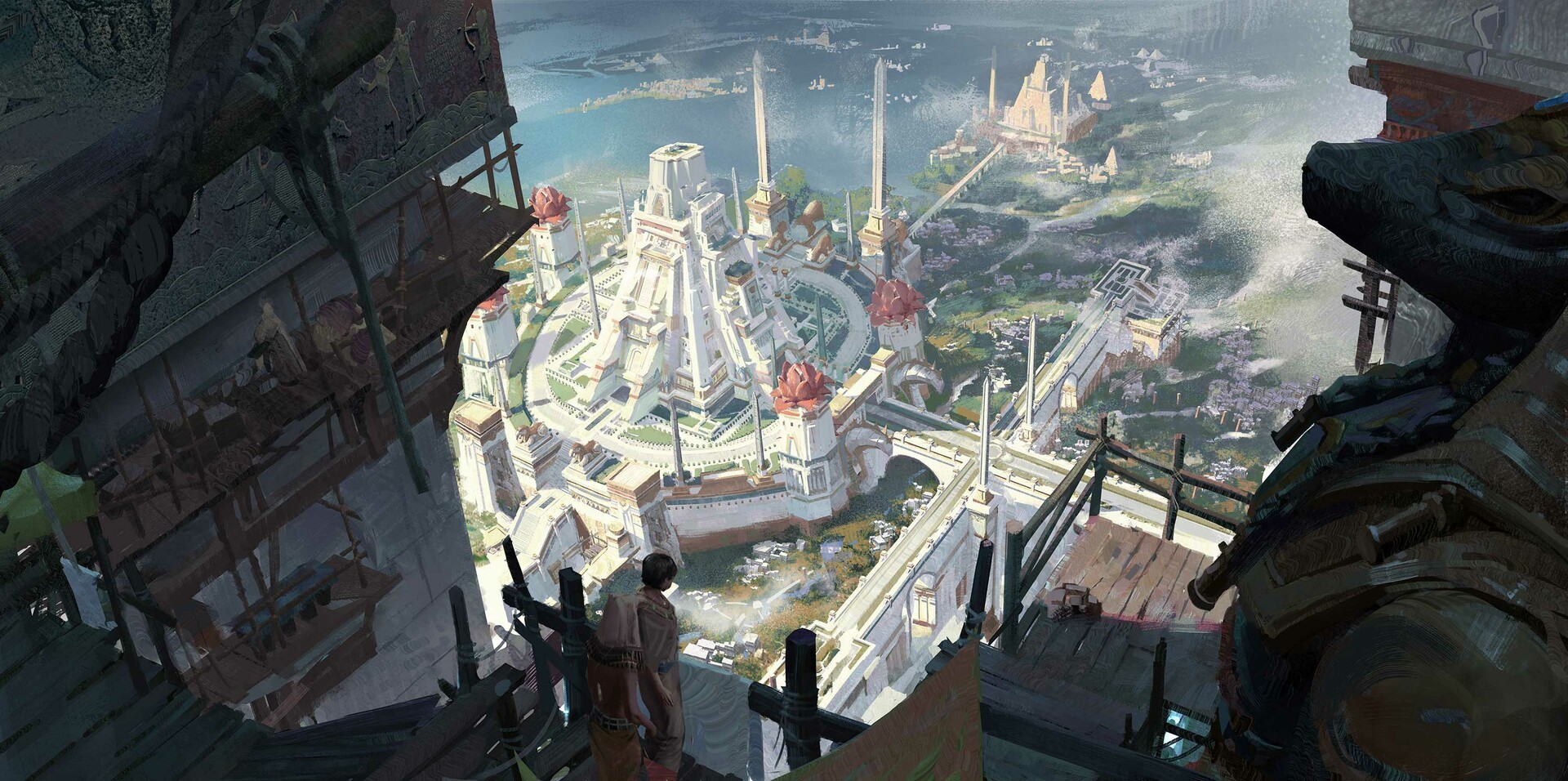 Fantasy cityscape with ancient architecture and figures HD Wallpaper