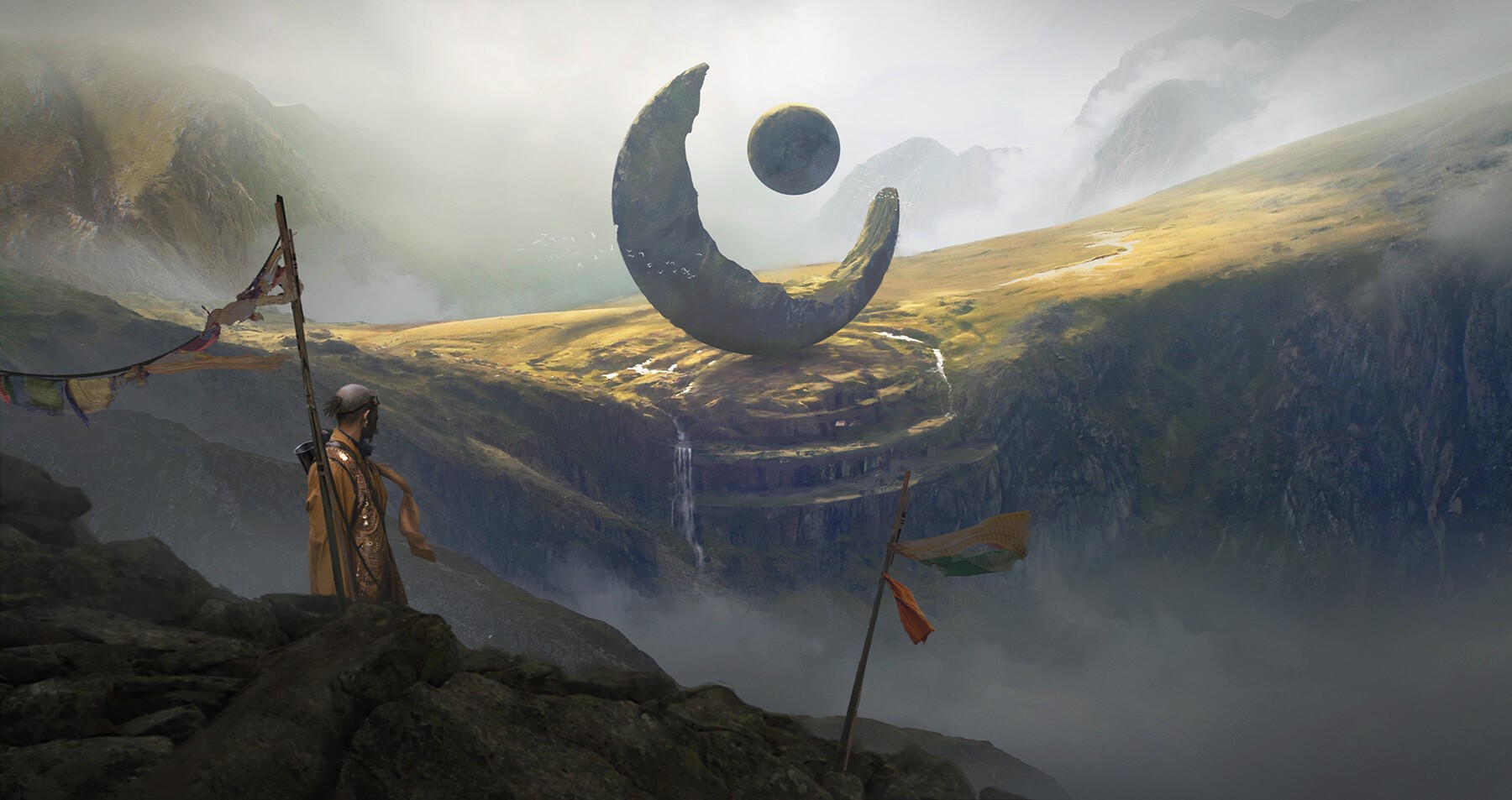 Artwork by Andy Walsh of mountains with crescent moon. HD Wallpaper
