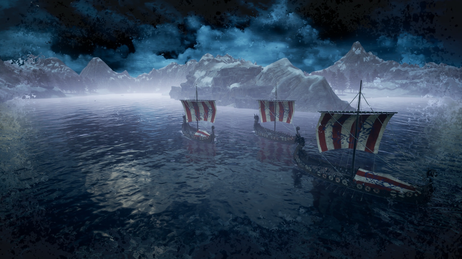 Three Viking longships sail on a dark, choppy sea. HD Wallpaper
