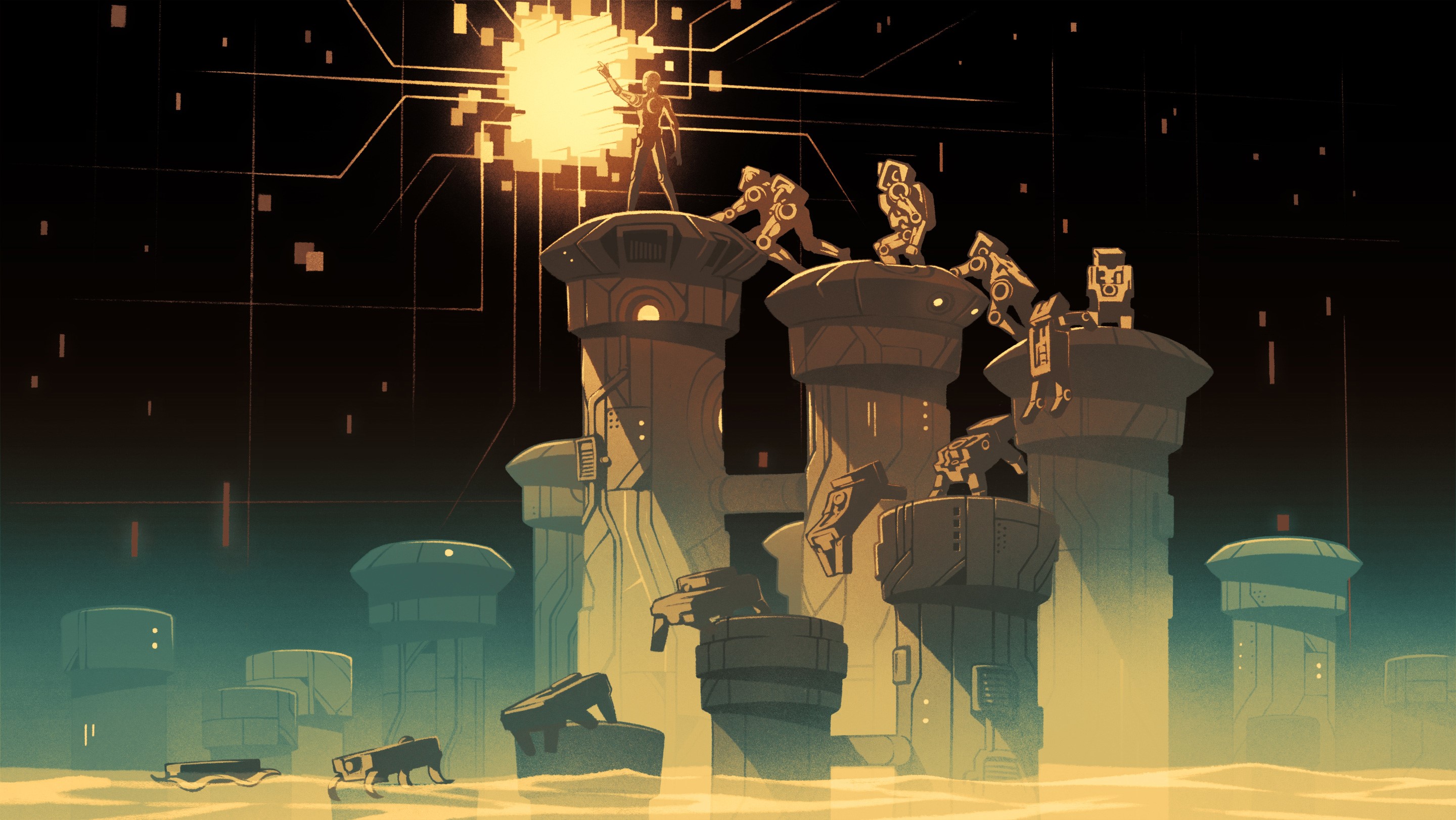 Robots interacting with a glowing energy source HD Wallpaper