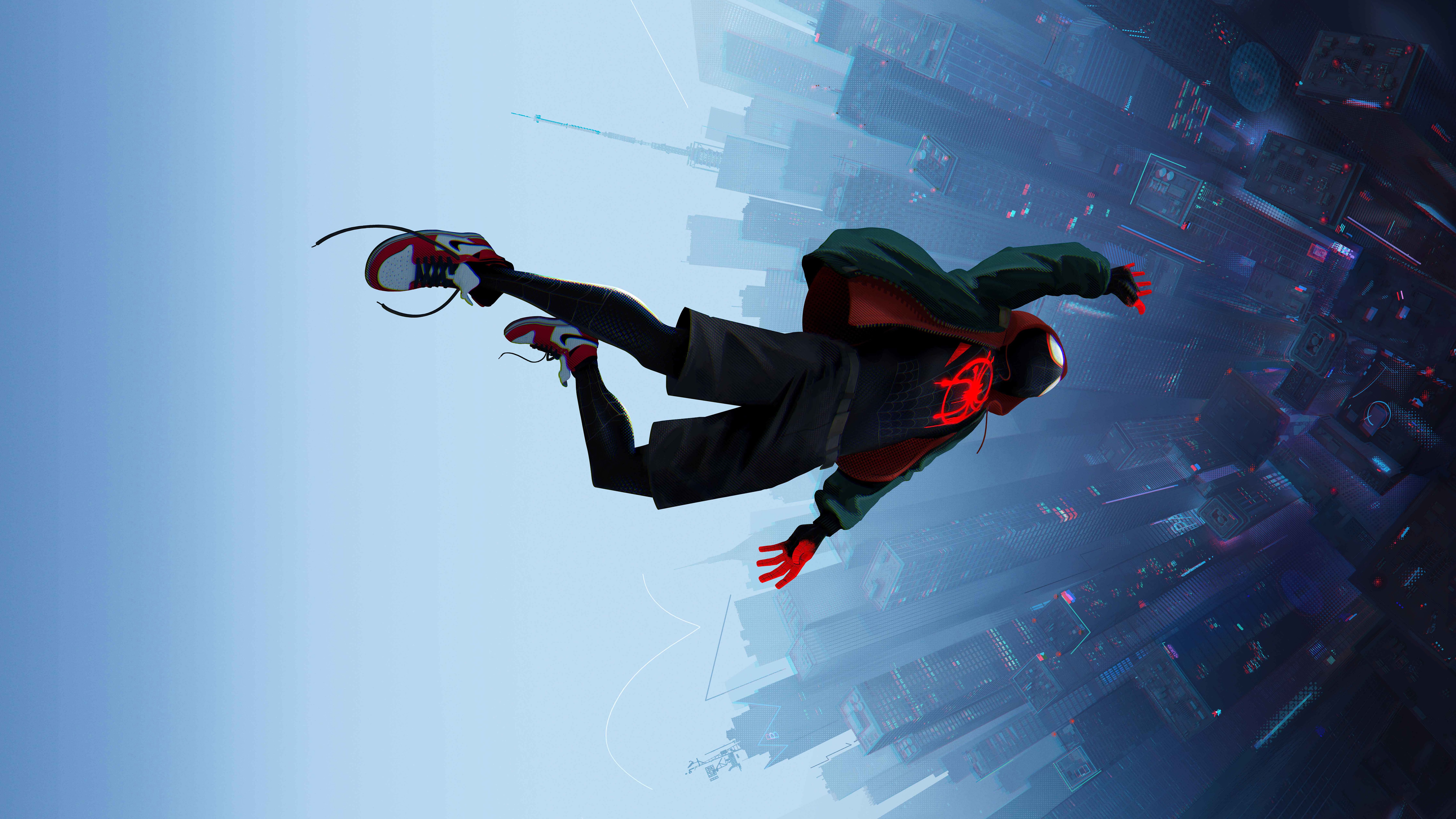 Spider-Man from Into the Spider-Verse falling through a city HD Wallpaper