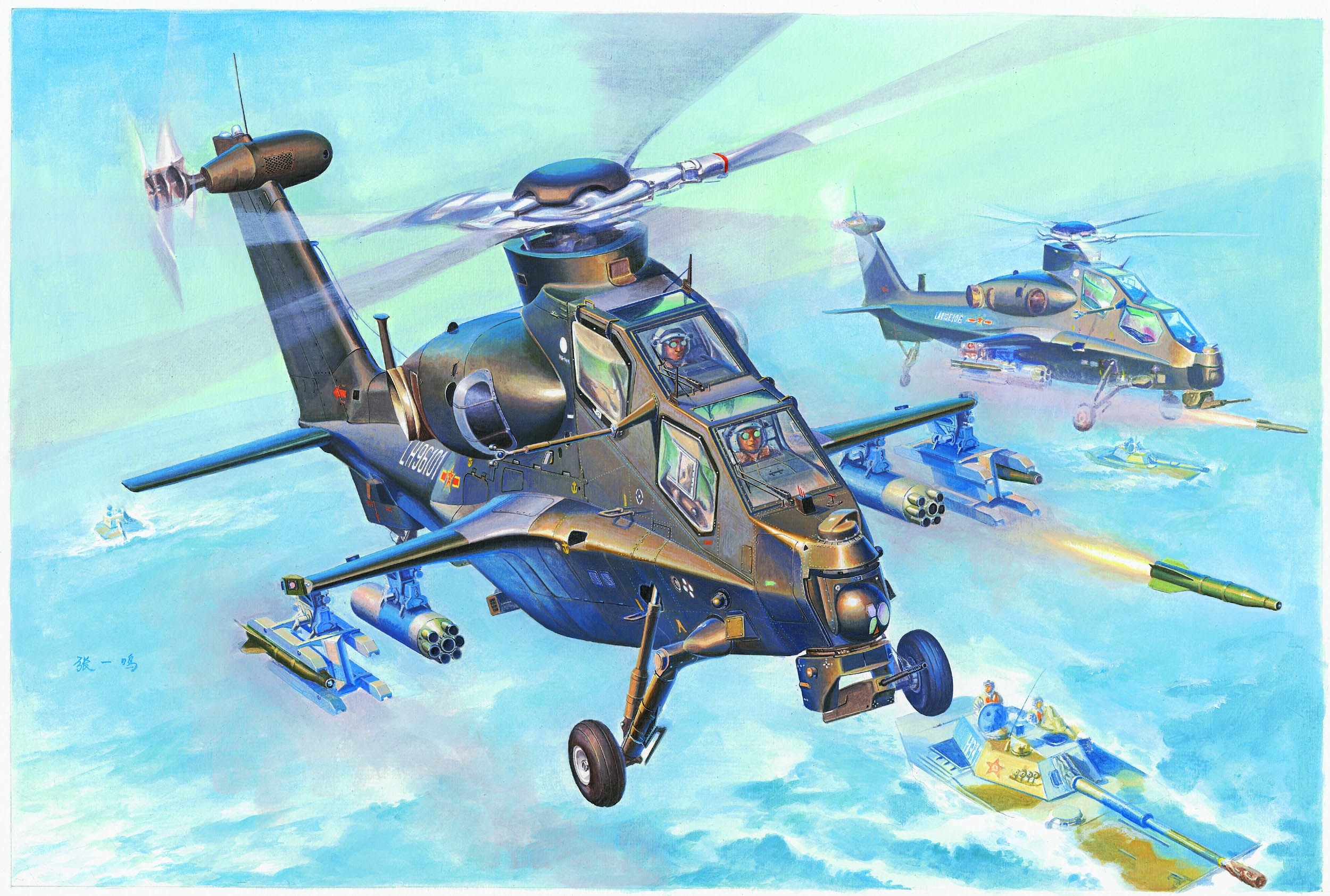 Chinese WZ-10 helicopters attacking tanks and boats HD Wallpaper