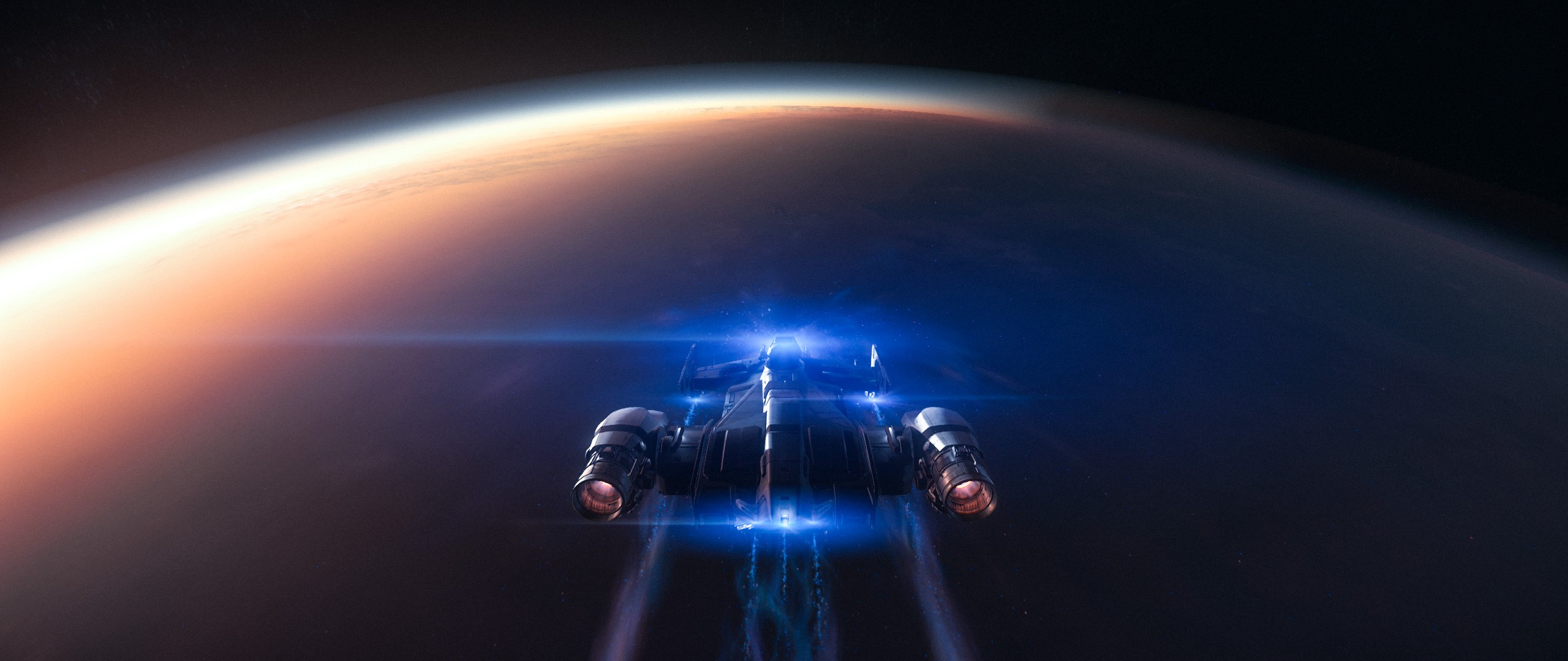 Cutlass Black spaceship flying over a planet in Star Citizen HD Wallpaper