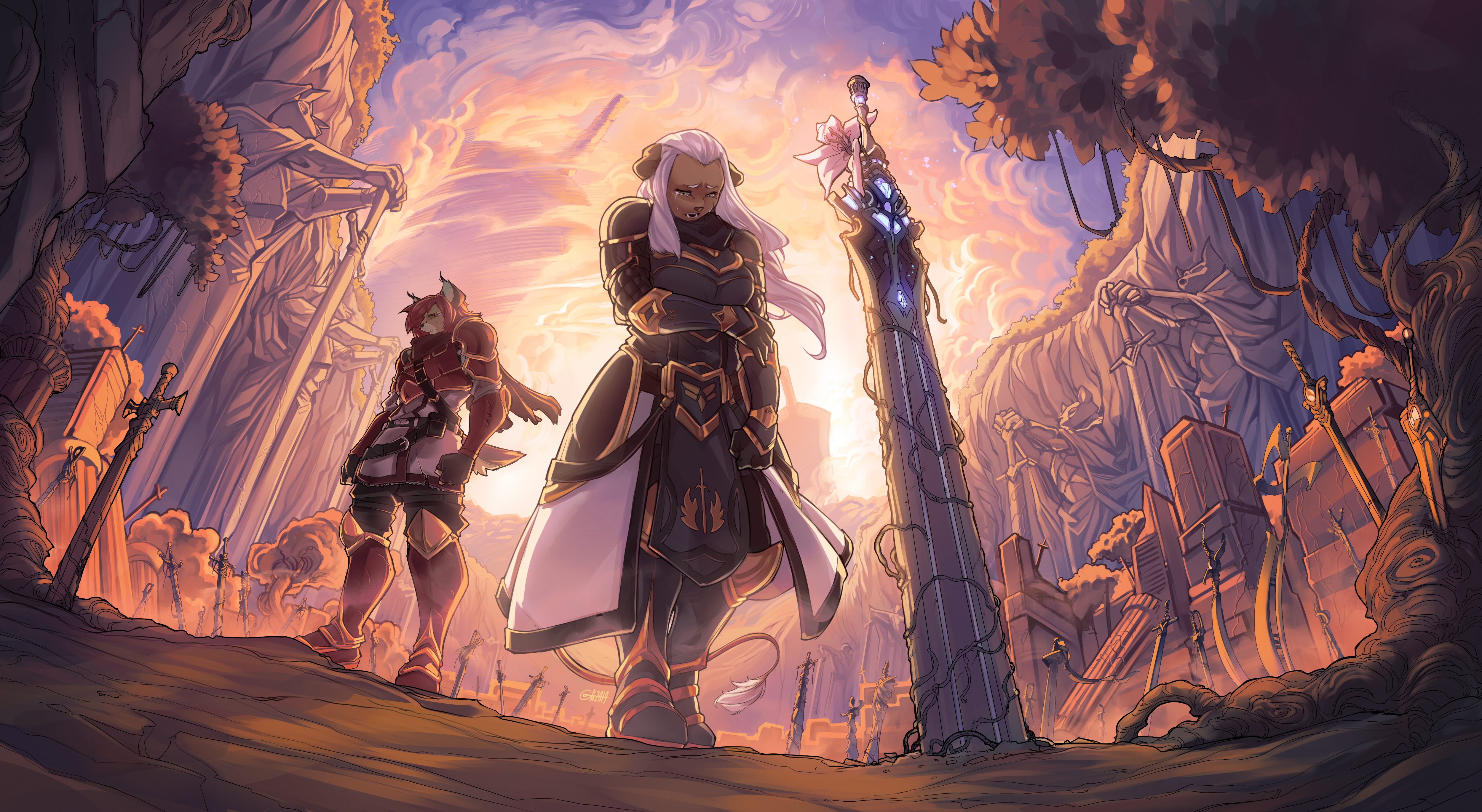 Anthro characters in a ruined landscape with giant statues HD Wallpaper