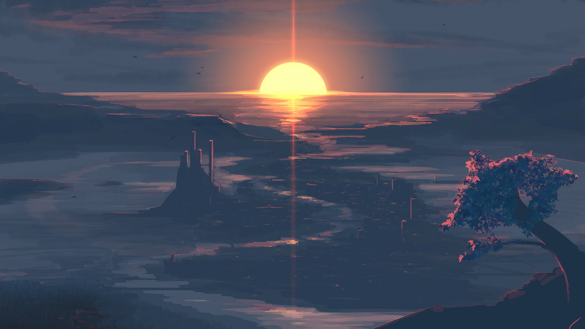 Digital art artwork of a city at sunset HD Wallpaper
