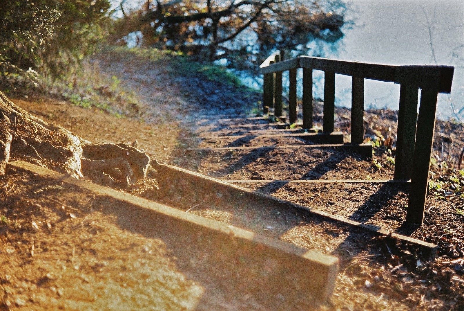 Wooden stairs and railing on a dirt path HD Wallpaper