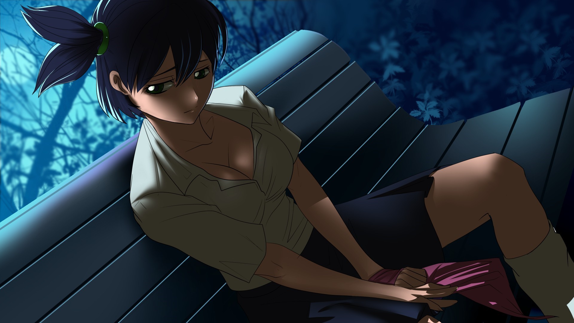 Lena from Everlasting Summer sitting on a bench at night HD Wallpaper