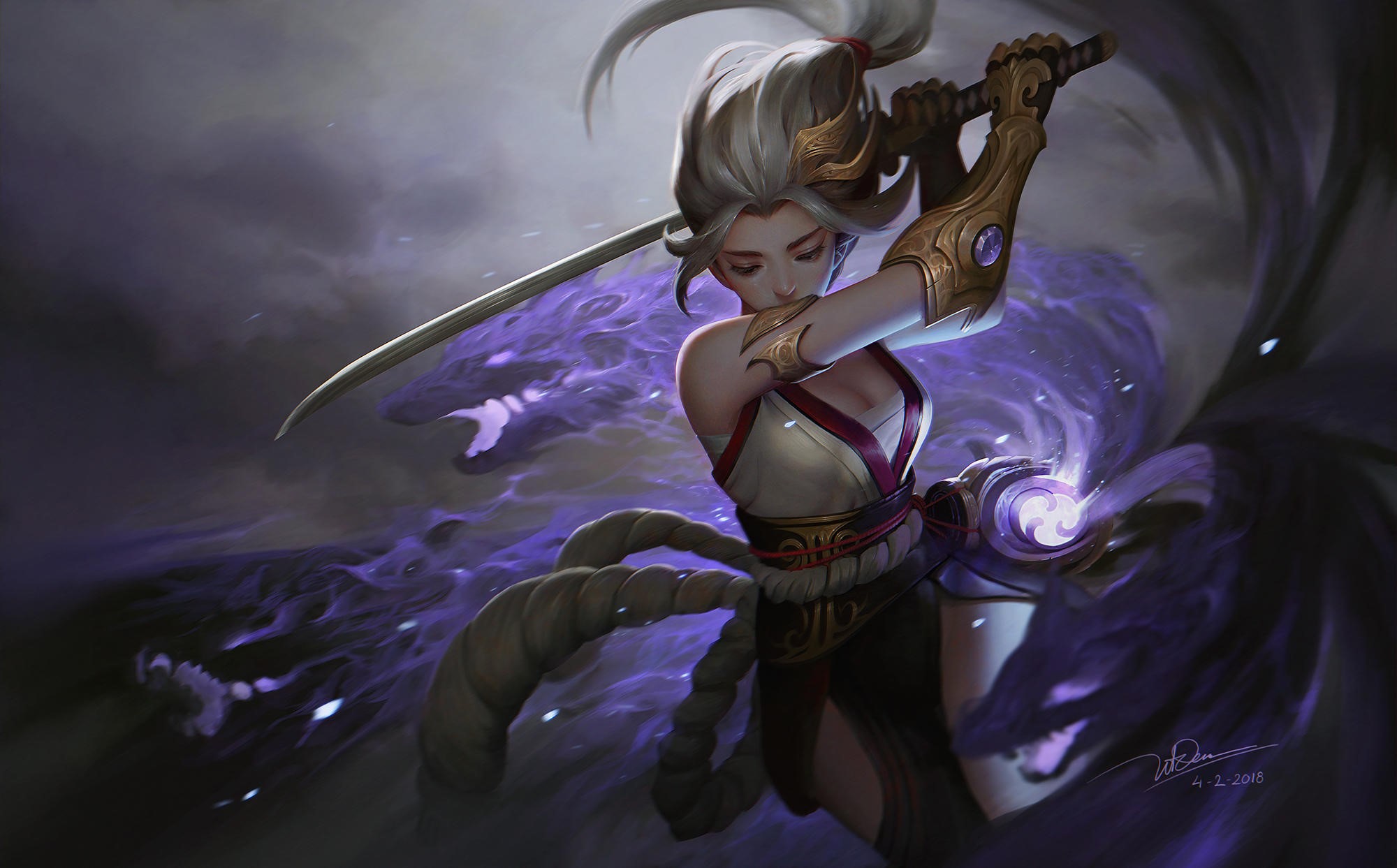 Fantasy girl with white hair wielding a sword HD Wallpaper