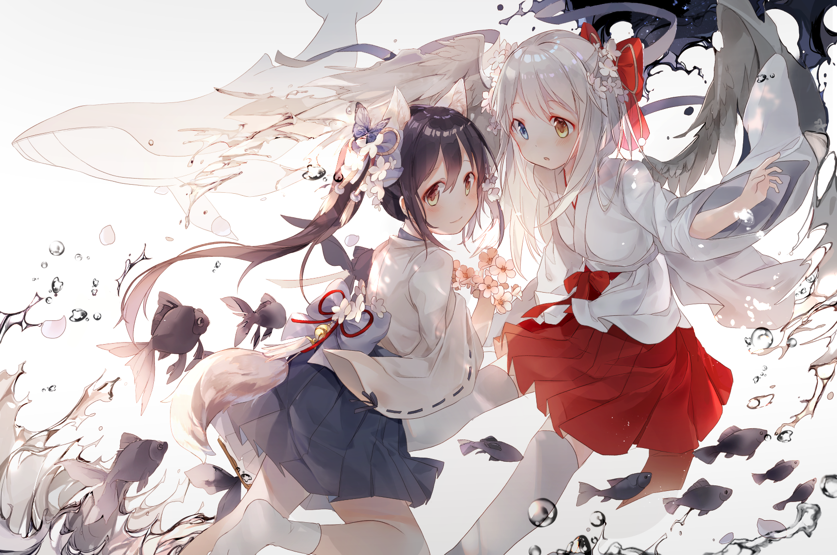 Two anime girls with animal ears and wings, surrounded by fish HD Wallpaper