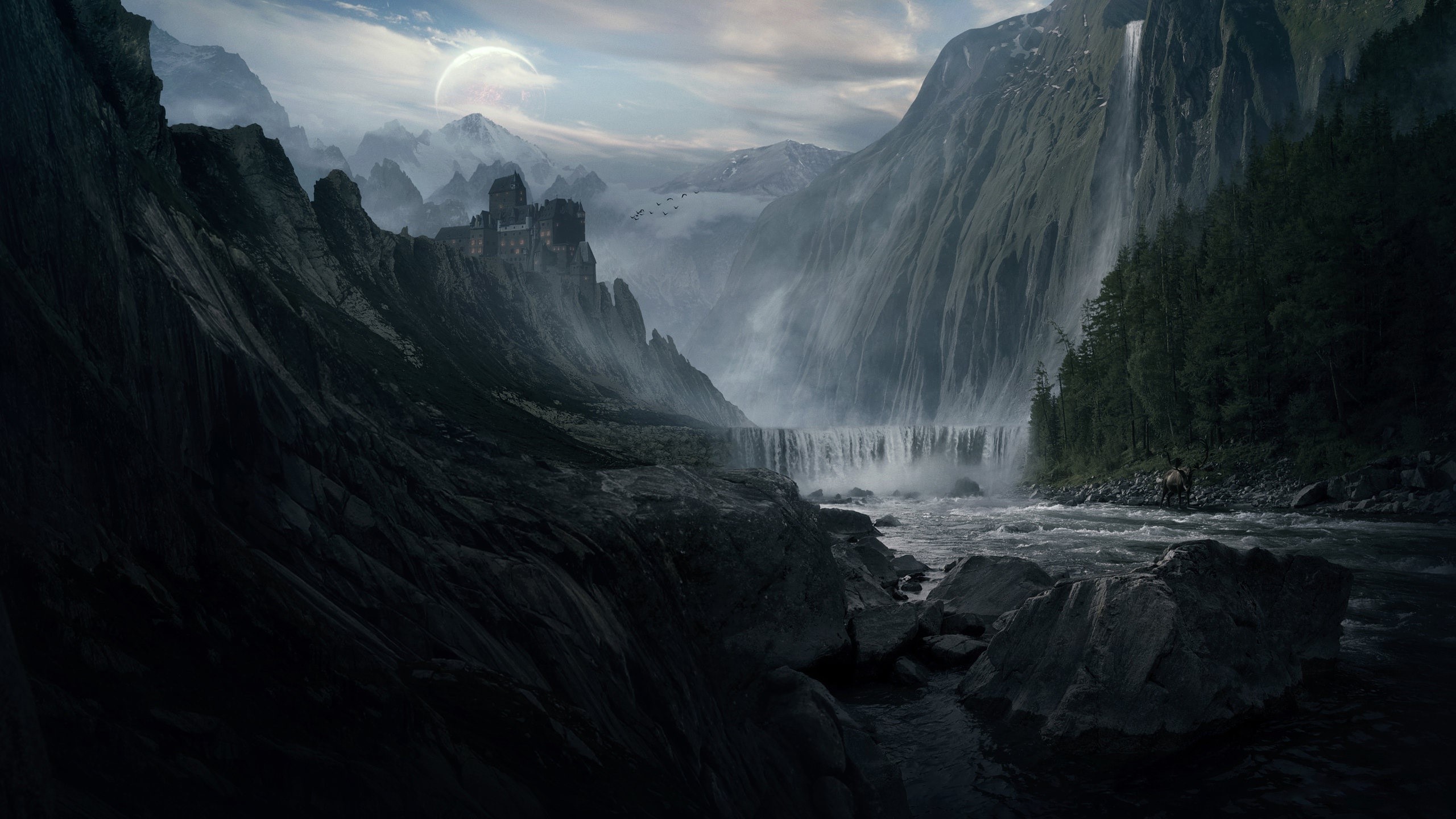 Fantasy landscape with castle and waterfalls HD Wallpaper
