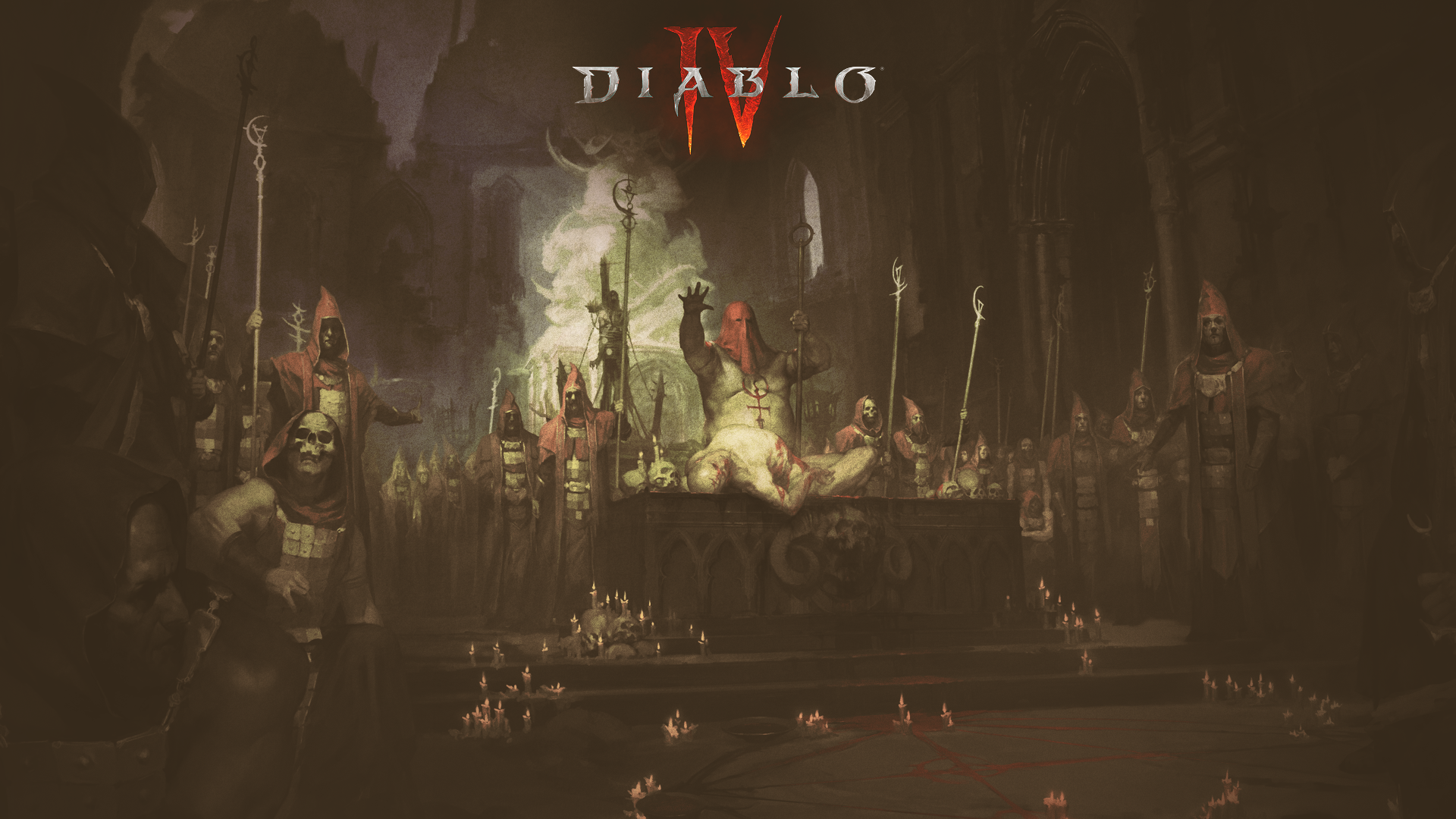 Diablo IV ritual scene with robed figures HD Wallpaper