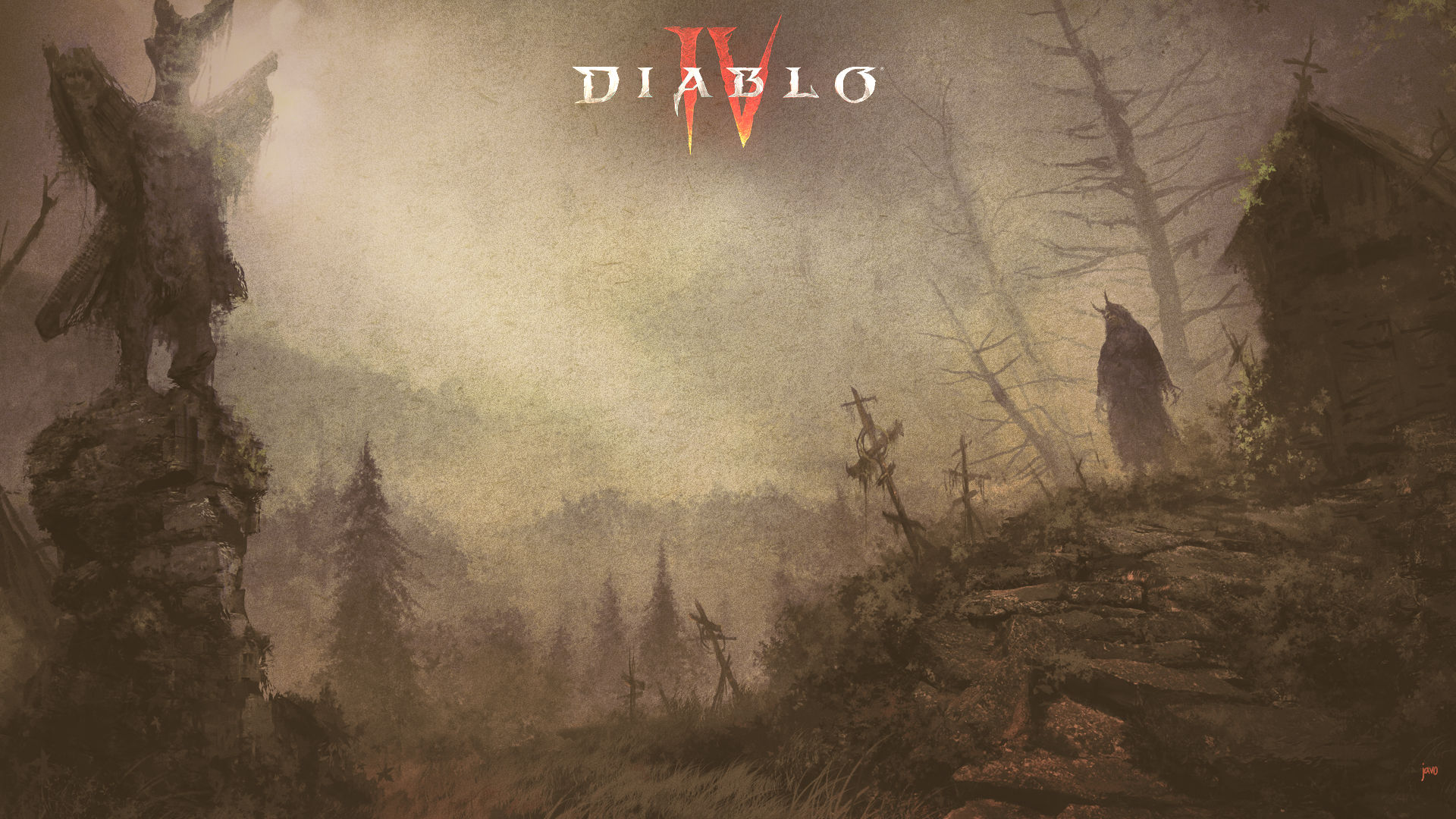 Diablo IV artwork with demonic statue and figure HD Wallpaper