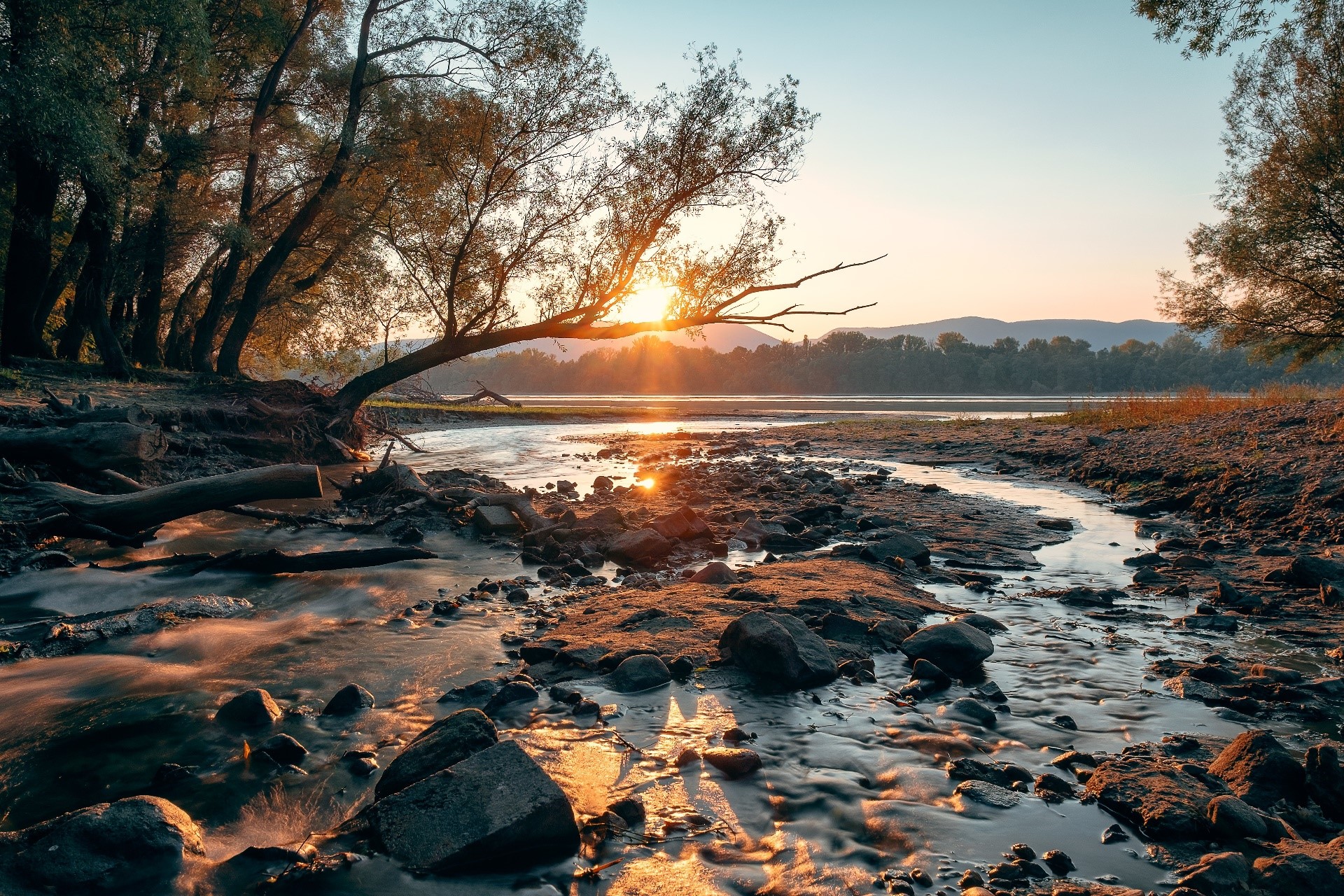 Sunrise over a rocky riverbank with trees HD Wallpaper
